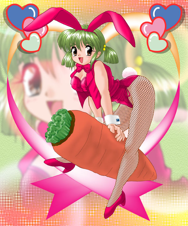 pekepeke, animal ears, brown eyes, carrot, fake animal ears, fishnet pantyhose, fishnets, green hair, pantyhose, playboy bunny, rabbit ears, short hair, short twintails, solo, twintails