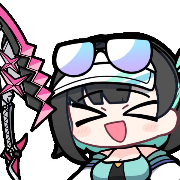 acomu414, debi (black survival), black survival, eternal return: black survival, animated, animated gif, > <, 1girl, :d, bare shoulders, black-framed eyewear, black hair, blue hair, blush stickers, breasts, chibi, cleavage, closed eyes, eyewear on head, facing viewer, jacket, medium breasts, multicolored hair, open mouth, simple background, smile, solo, sunglasses, sword, transparent background, two-tone hair, upper body, visor cap, weapon, white jacket, xd