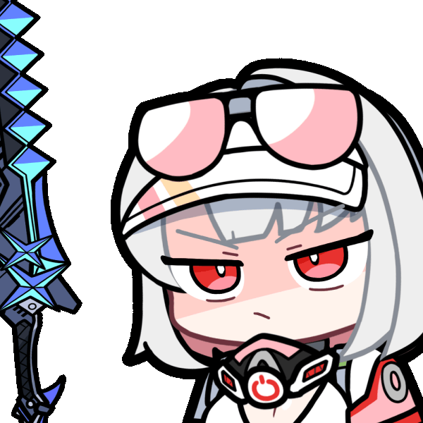 acomu414, marlene (black survival), black survival, eternal return: black survival, animated, animated gif, 1girl, black-framed eyewear, breasts, chibi, cleavage, closed mouth, eyewear on head, grey hair, looking at viewer, medium breasts, multicolored hair, pink-tinted eyewear, pink hair, power symbol, red eyes, simple background, solo, sunglasses, sword, tinted eyewear, transparent background, two-tone hair, upper body, v-shaped eyebrows, weapon