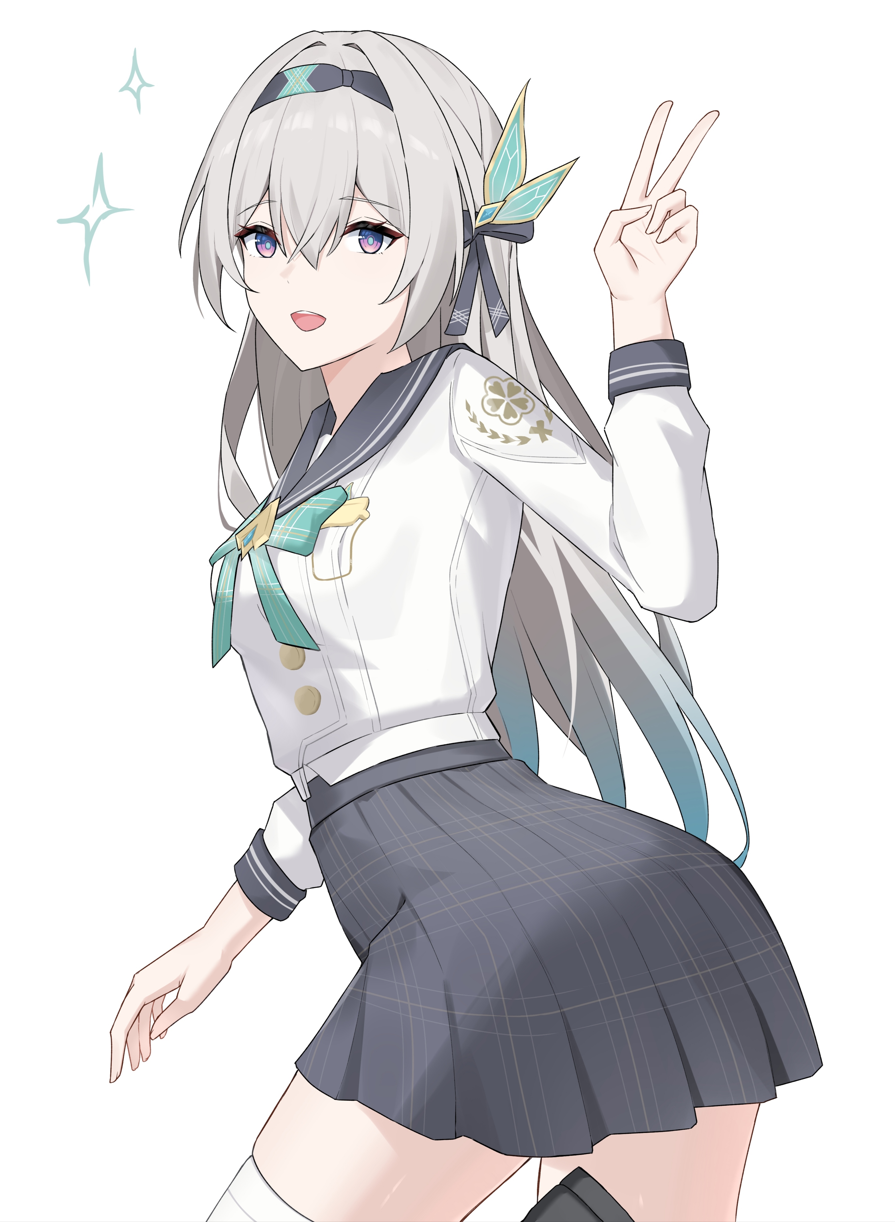 nicel, firefly (honkai: star rail), firefly (spring missive) (honkai: star rail), honkai: star rail, honkai (series), absurdres, highres, 1girl, bow, breasts, green bow, grey hair, grey skirt, hair between eyes, hair ornament, long hair, long sleeves, looking at viewer, looking back, medium breasts, official alternate costume, open mouth, plaid bow, plaid clothes, plaid skirt, school uniform, serafuku, simple background, skirt, smile, solo, thick thighs, thighhighs, thighs, v, white background, white thighhighs