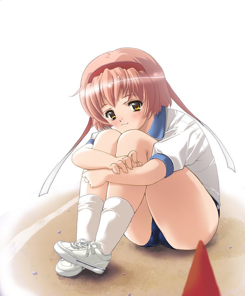 nishiyama maruta, :3, blush, buruma, gym uniform, hairband, headband, hugging own legs, pink hair, ribbon, shoes, short hair, sitting, sneakers, socks, solo, yellow eyes