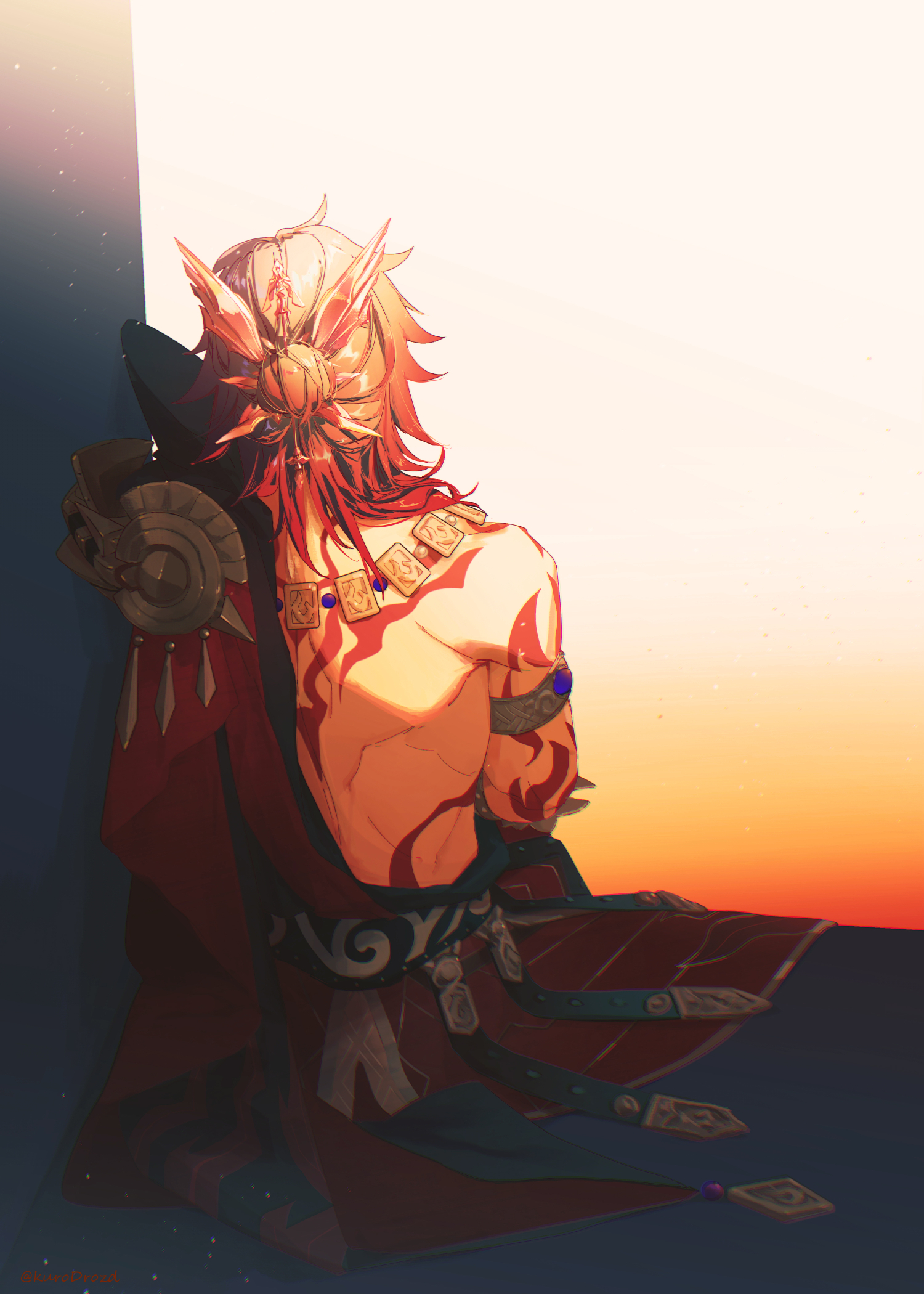 mydei (honkai: star rail), honkai: star rail, honkai (series), commentary request, highres, 1boy, arm tattoo, armlet, back tattoo, black coat, blonde hair, chest tattoo, coat, from behind, gold necklace, gradient hair, hair bun, jewelry, kurodrozd, male focus, medium hair, multicolored hair, necklace, open clothes, open coat, red hair, red tattoo, sitting, solo, tattoo
