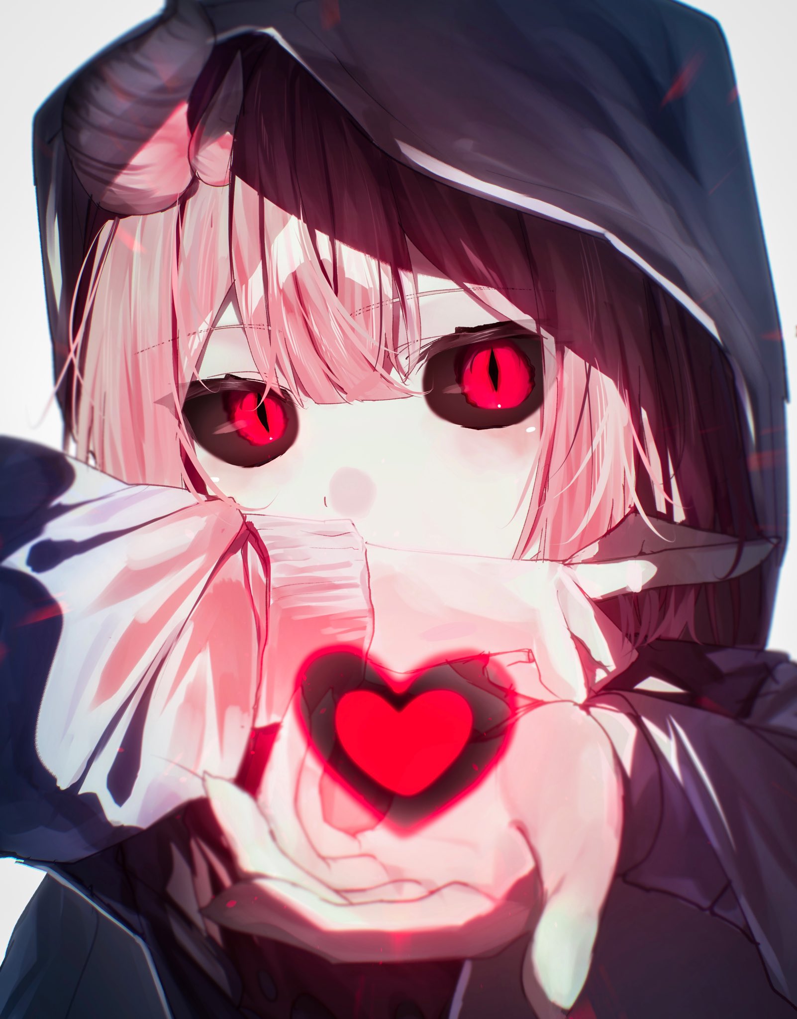 kurobarashan, player (underplayer), soul (deltarune), underplayer, undertale, utdr (toby fox), commentary request, highres, 1other, alternate universe, black sclera, black shirt, blush, brown hair, center-flap bangs, chromatic aberration, colored sclera, covered mouth, double-parted bangs, grey background, grey jacket, hair between eyes, hands up, heart, hood, hood up, hooded jacket, jacket, long sleeves, looking at viewer, open clothes, open jacket, other focus, puffy long sleeves, puffy sleeves, red eyes, shirt, short hair, simple background, slit pupils, solo, upper body