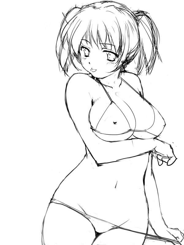 nishiyama maruta, 1girl, :p, bikini, bikini pull, breasts, clothes pull, covered erect nipples, female focus, greyscale, large breasts, lineart, lowleg, lowleg bikini, monochrome, pulling own clothes, short twintails, sketch, solo, swimsuit, tongue, tongue out, twintails