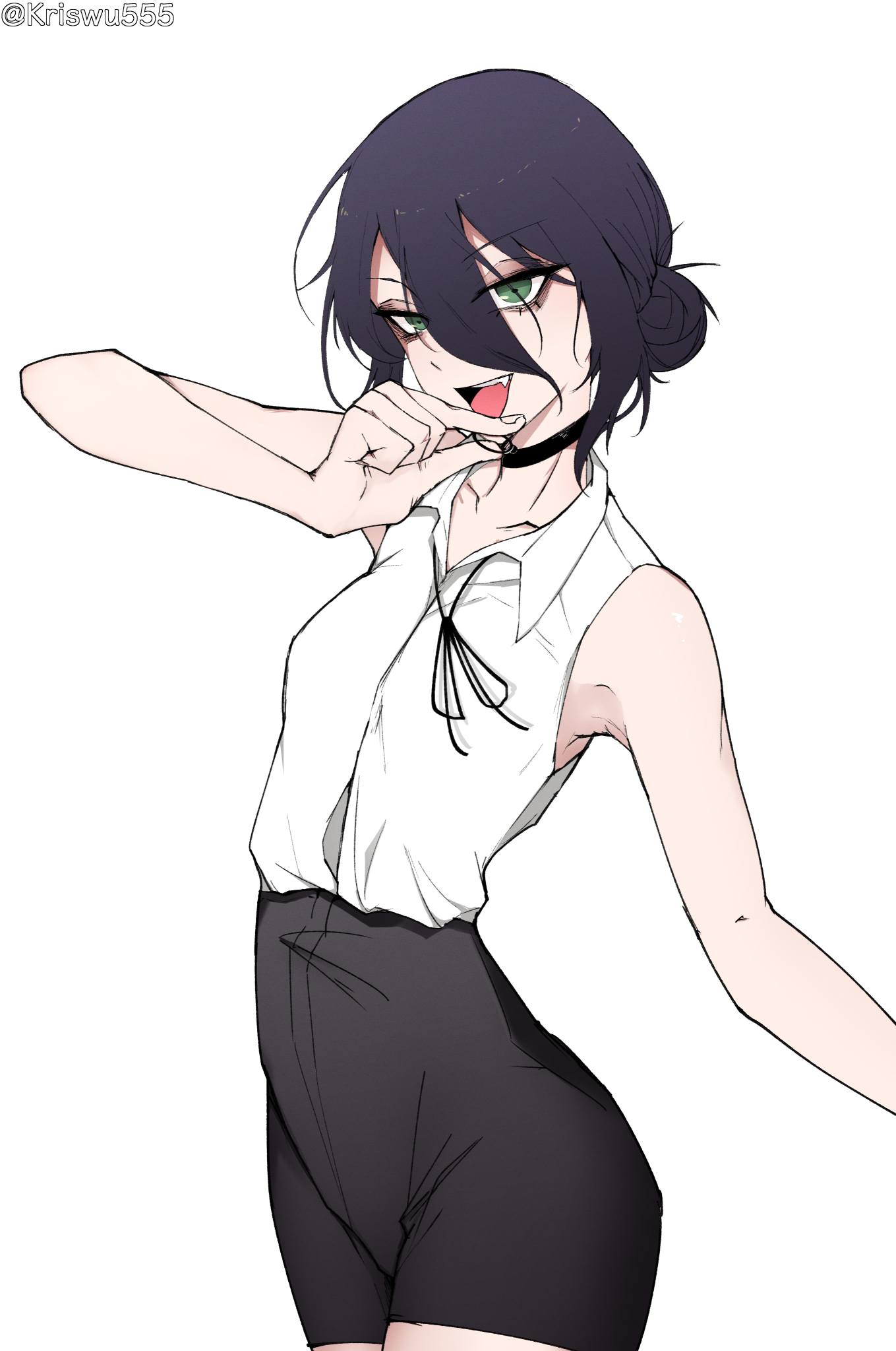 wuwuwu (kriswu555), reze (chainsaw man), chainsaw man, commentary request, highres, 1girl, black choker, black hair, black ribbon, black skirt, choker, dress shirt, fang, green eyes, hair between eyes, long hair between eyes, looking at viewer, neck ribbon, open mouth, ribbon, shirt, short hair, simple background, skirt, sleeveless, sleeveless shirt, solo, teeth, upper teeth only, white background, white shirt