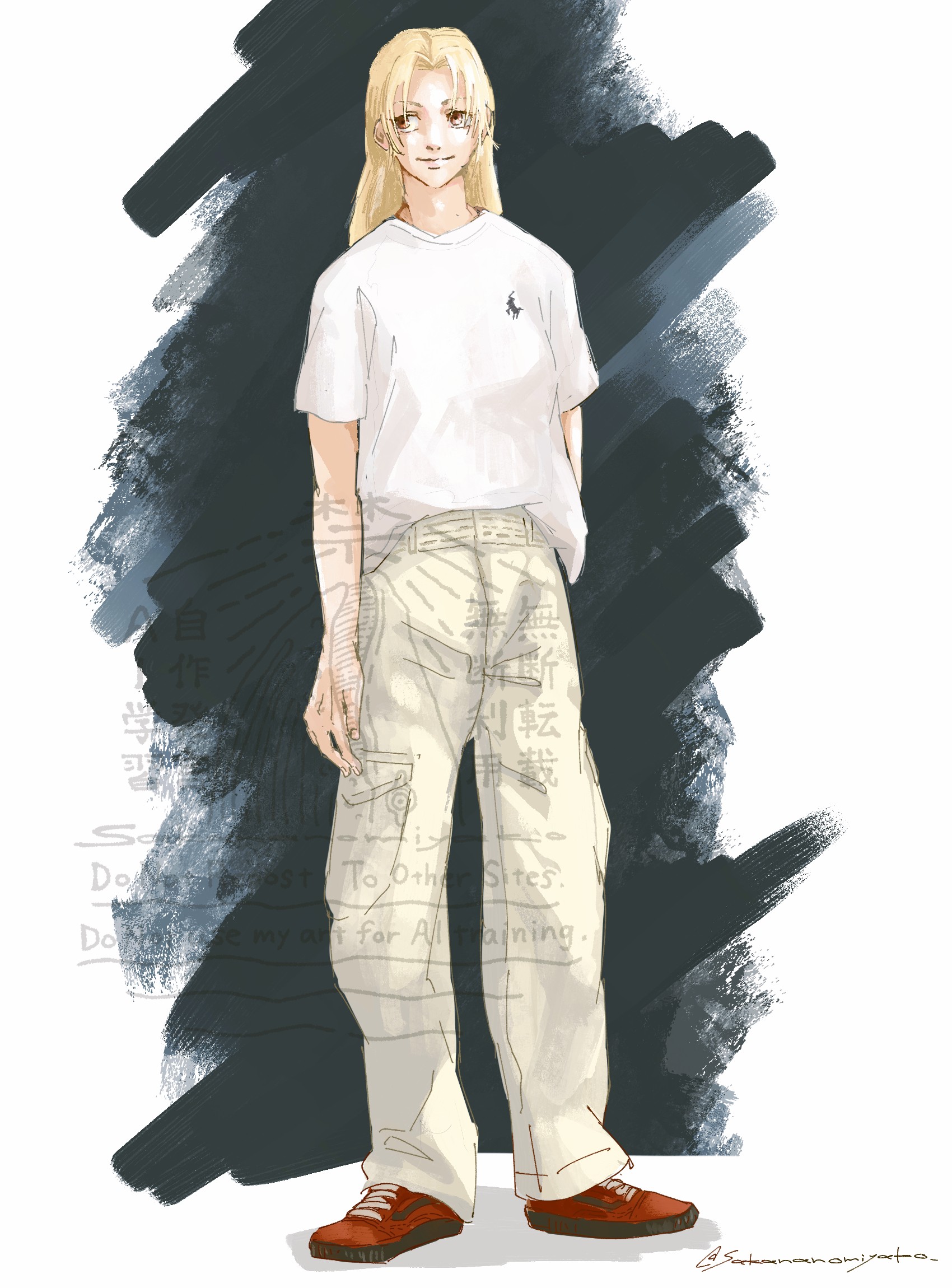 sakananomiyako, tsukumo yuki (jujutsu kaisen), jujutsu kaisen, highres, 1girl, blonde hair, breasts, brown eyes, full body, hair intakes, medium breasts, pants, red shoes, shirt, shirt tucked in, shoes, short sleeves, smile, sneakers, solo, standing, white pants, white shirt