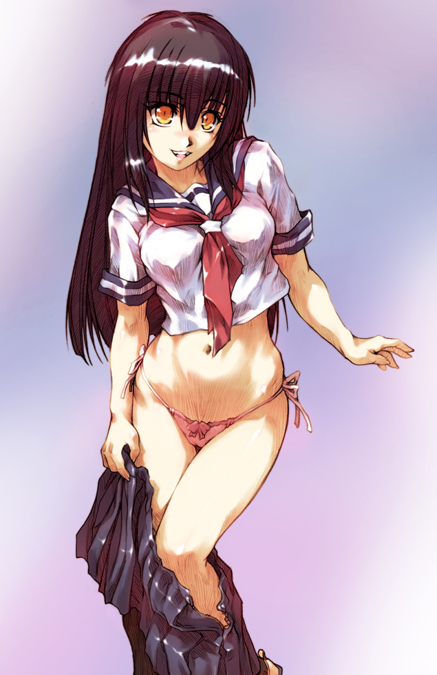 hisahiko, 1girl, brown eyes, brown hair, clothes pull, female focus, long hair, navel, panties, pink panties, school uniform, serafuku, side-tie panties, skirt, skirt pull, solo, underwear, undressing