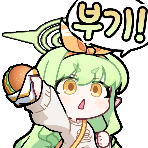 acomu414, hikari (blue archive), hikari (mom's touch) (blue archive), blue archive, animated, animated gif, translation request, 1girl, bag, blinking, burger, food, green hair, green halo, grey sweater, halo, holding, holding burger, holding food, korean text, long hair, long sleeves, official alternate costume, open mouth, pointy ears, shoulder bag, simple background, solo, speech bubble, sweater, thick eyebrows, transparent background, triangle mouth, upper body, v-shaped eyebrows, yellow bag, yellow eyes