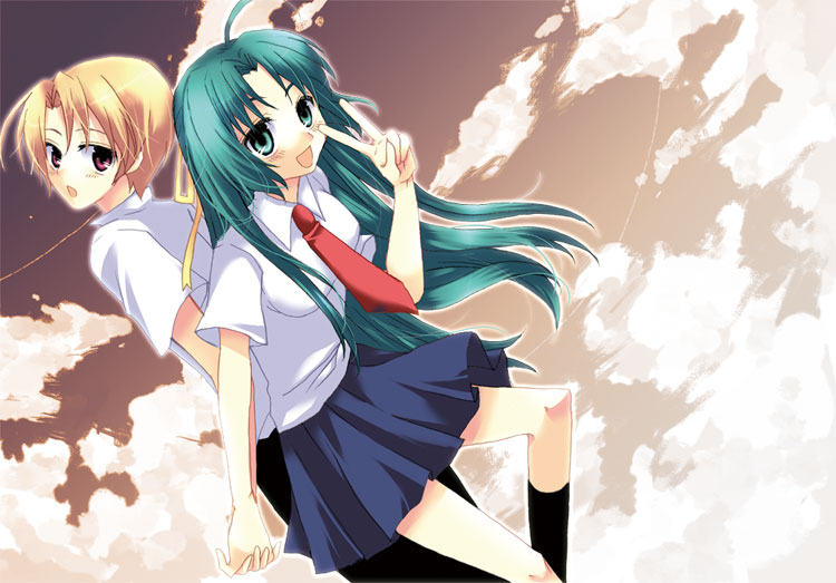 ico (pekoguest), houjou satoshi, sonozaki shion, higurashi no naku koro ni, 00s, blonde hair, green eyes, green hair, holding hands, long hair, red eyes, school uniform