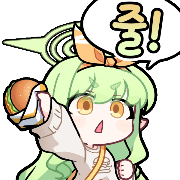 acomu414, hikari (blue archive), hikari (mom's touch) (blue archive), blue archive, animated, animated gif, translation request, 1girl, bag, blinking, burger, food, green hair, green halo, grey sweater, halo, holding, holding burger, holding food, korean text, long hair, long sleeves, official alternate costume, open mouth, pointy ears, shoulder bag, simple background, solo, speech bubble, sweater, thick eyebrows, transparent background, triangle mouth, upper body, v-shaped eyebrows, yellow bag, yellow eyes