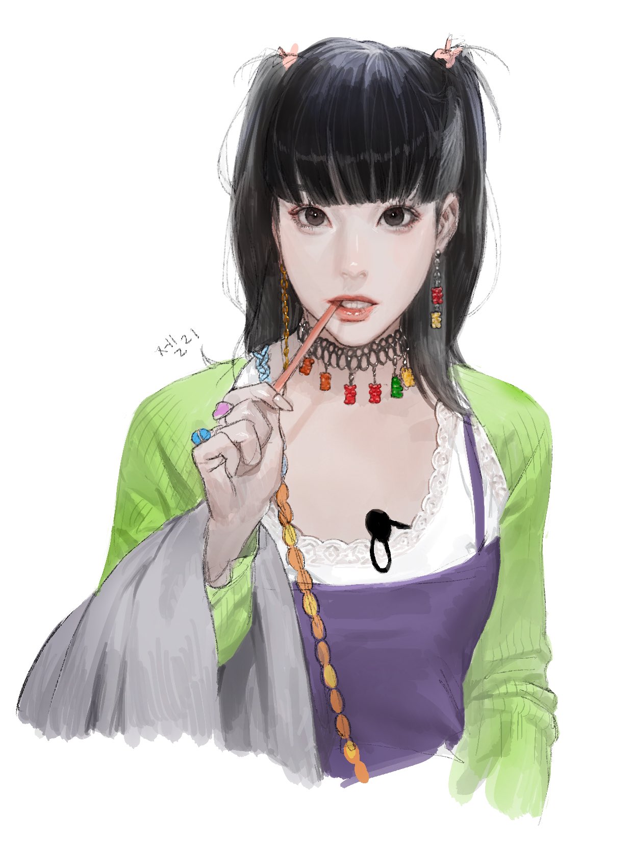 taeyeon (girls' generation), girls' generation, real life, sm entertainment, highres, 1girl, black hair, earrings, jewelry, jkml, k-pop, long hair, looking at viewer, multicolored shirt, necklace, open mouth, solo, white background