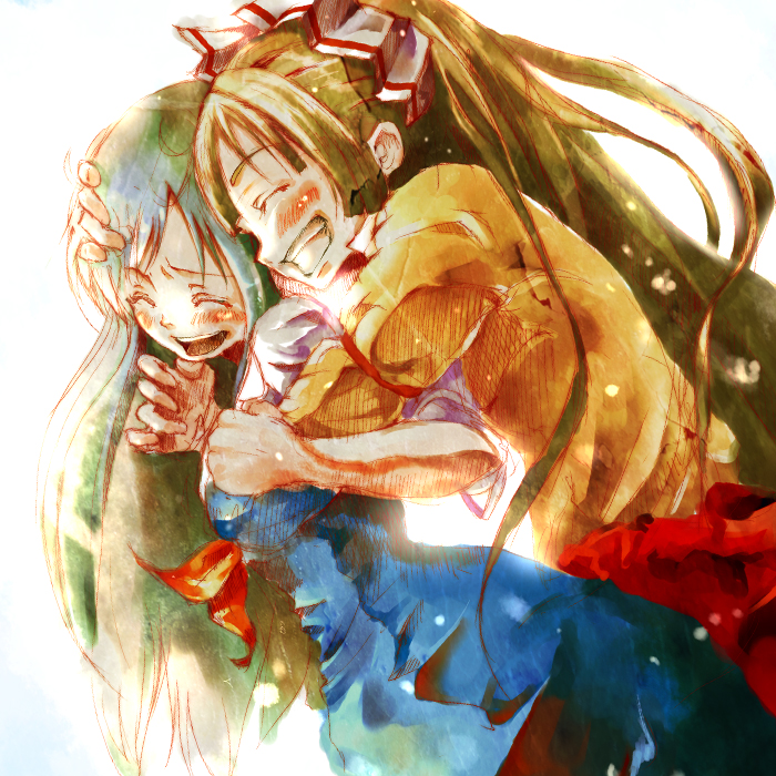 yae (mono110), fujiwara no mokou, kamishirasawa keine, touhou, bad id, bad pixiv id, 2girls, blush, dress, female focus, friends, grin, happy, hug, laughing, long hair, multiple girls, smile
