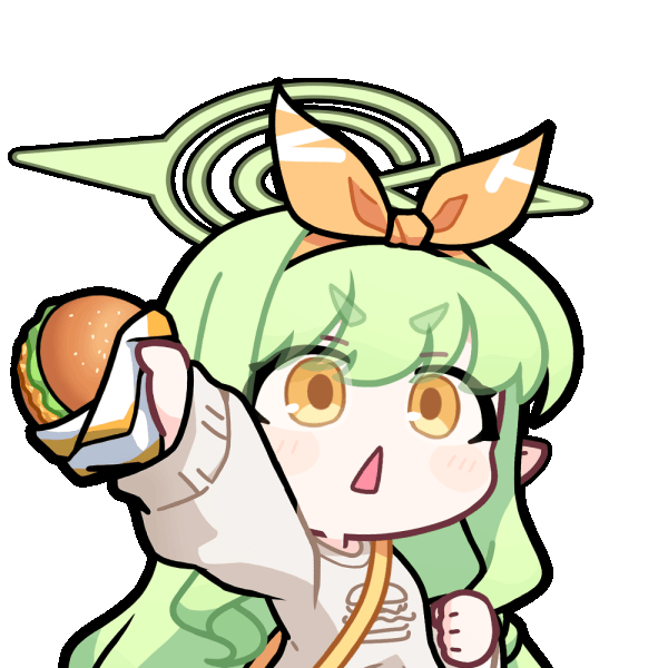 acomu414, hikari (blue archive), hikari (mom's touch) (blue archive), blue archive, animated, animated gif, 1girl, bag, blinking, burger, food, green hair, green halo, grey sweater, halo, holding, holding burger, holding food, long hair, long sleeves, official alternate costume, open mouth, pointy ears, shoulder bag, simple background, solo, sweater, thick eyebrows, transparent background, triangle mouth, upper body, v-shaped eyebrows, yellow bag, yellow eyes