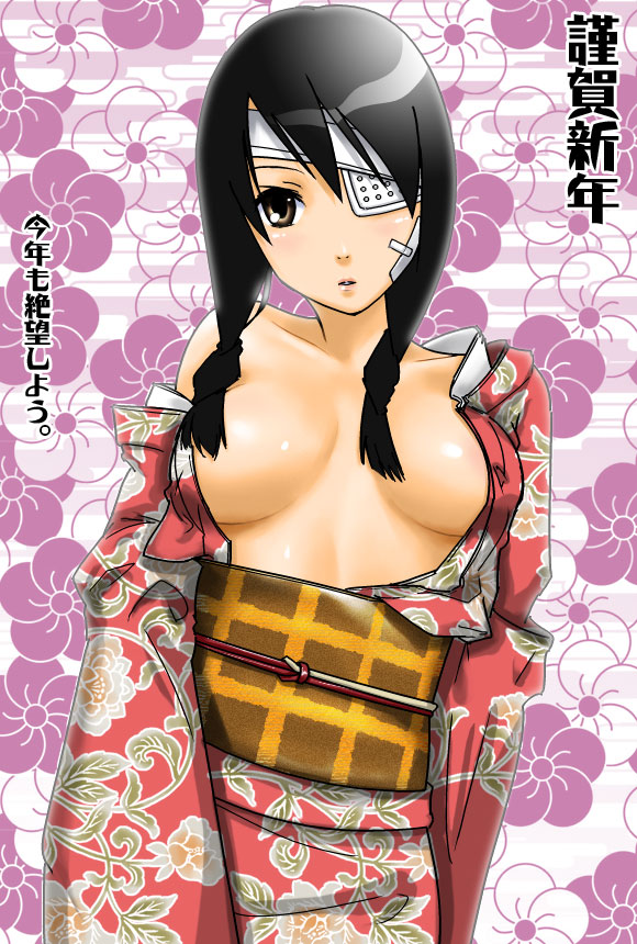 sakebuotoko, kobushi abiru, sayonara zetsubou sensei, bad id, bad pixiv id, 00s, 1girl, bandage over one eye, bandages, breasts, female focus, japanese clothes, kimono, large breasts, open clothes, solo