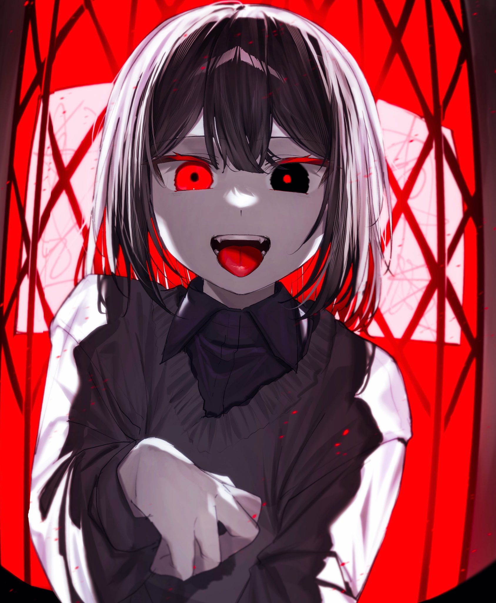 kurobarashan, chara (undertale), undertale, utdr (toby fox), commentary request, highres, 1other, :d, arm at side, backlighting, black eyes, black mouth, black shirt, blurry, bob cut, bright pupils, brown hair, center-flap bangs, collared shirt, colored eyelashes, colored inner hair, depth of field, double-parted bangs, fangs, grey sweater, hair between eyes, hand up, heterochromia, long sleeves, looking at viewer, medium hair, mismatched pupils, multicolored hair, open mouth, other focus, pillarboxed, puffy long sleeves, puffy sleeves, red background, red eyes, red hair, red pupils, shirt, simple background, smile, solo, straight-on, sweater, teeth, tongue, tsurime, two-tone hair, upper body, window
