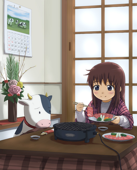 beidan, original, 00s, 1girl, 2009, beef, blue eyes, blush, brown hair, calendar (object), chopsticks, cow, eating, flower, food, grill, kotatsu, meat, new year, smile, table