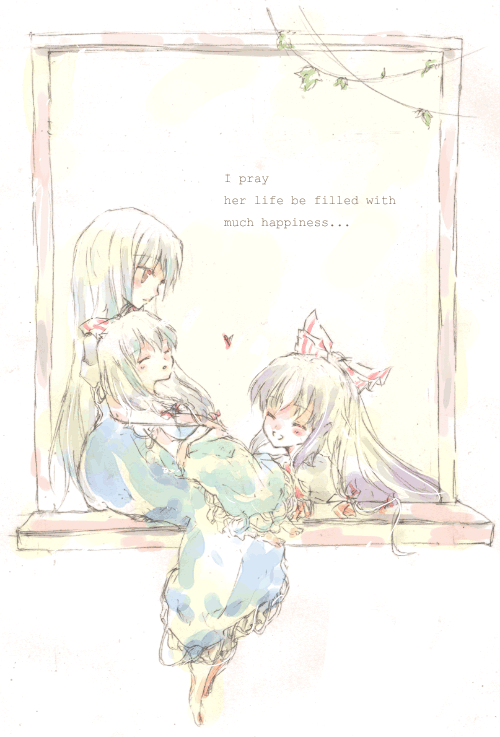 fujiwara no mokou, kamishirasawa keine, touhou, 2girls, barefoot, bow, child, closed eyes, dress, english text, engrish text, female focus, hair bow, if they mated, long hair, multiple girls, ranguage, red eyes, white hair, window