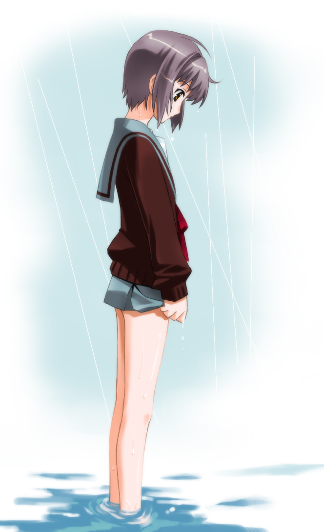 umekichi, nagato yuki, suzumiya haruhi no yuuutsu, bad id, bad pixiv id, 00s, flat chest, profile, rain, school uniform, serafuku, short hair, skirt, solo, water
