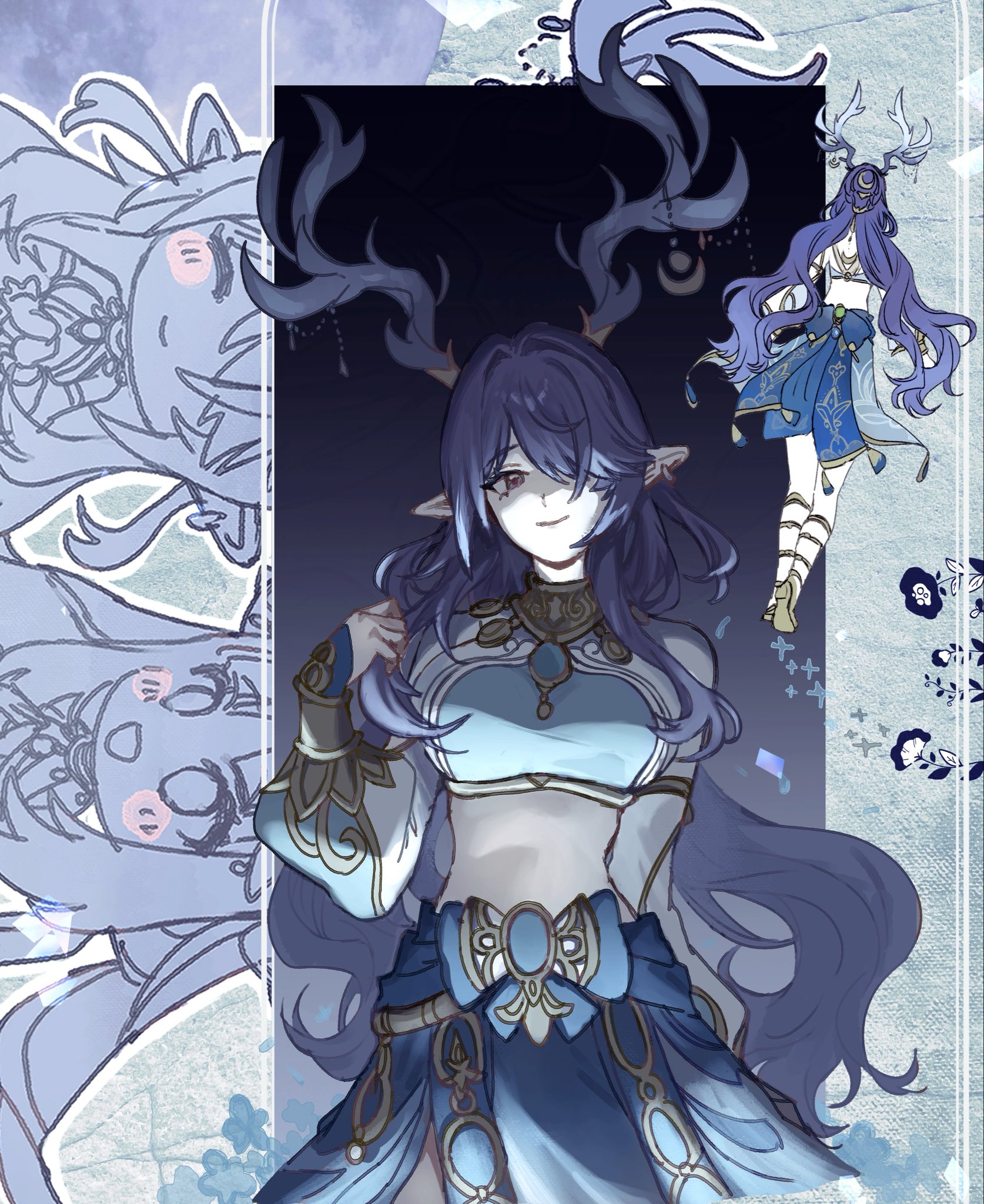 lauma (genshin impact), nilou (genshin impact), genshin impact, highres, 2girls, antlers, blue hair, blue skirt, cosplay, cowboy shot, crop top, hair over one eye, head tilt, horns, jewelry, long hair, long sleeves, looking at viewer, midriff, mochimochi ocha, multiple girls, multiple views, neck ring, nilou (genshin impact) (cosplay), no navel, pointy ears, skirt, smile, standing, stomach, very long hair