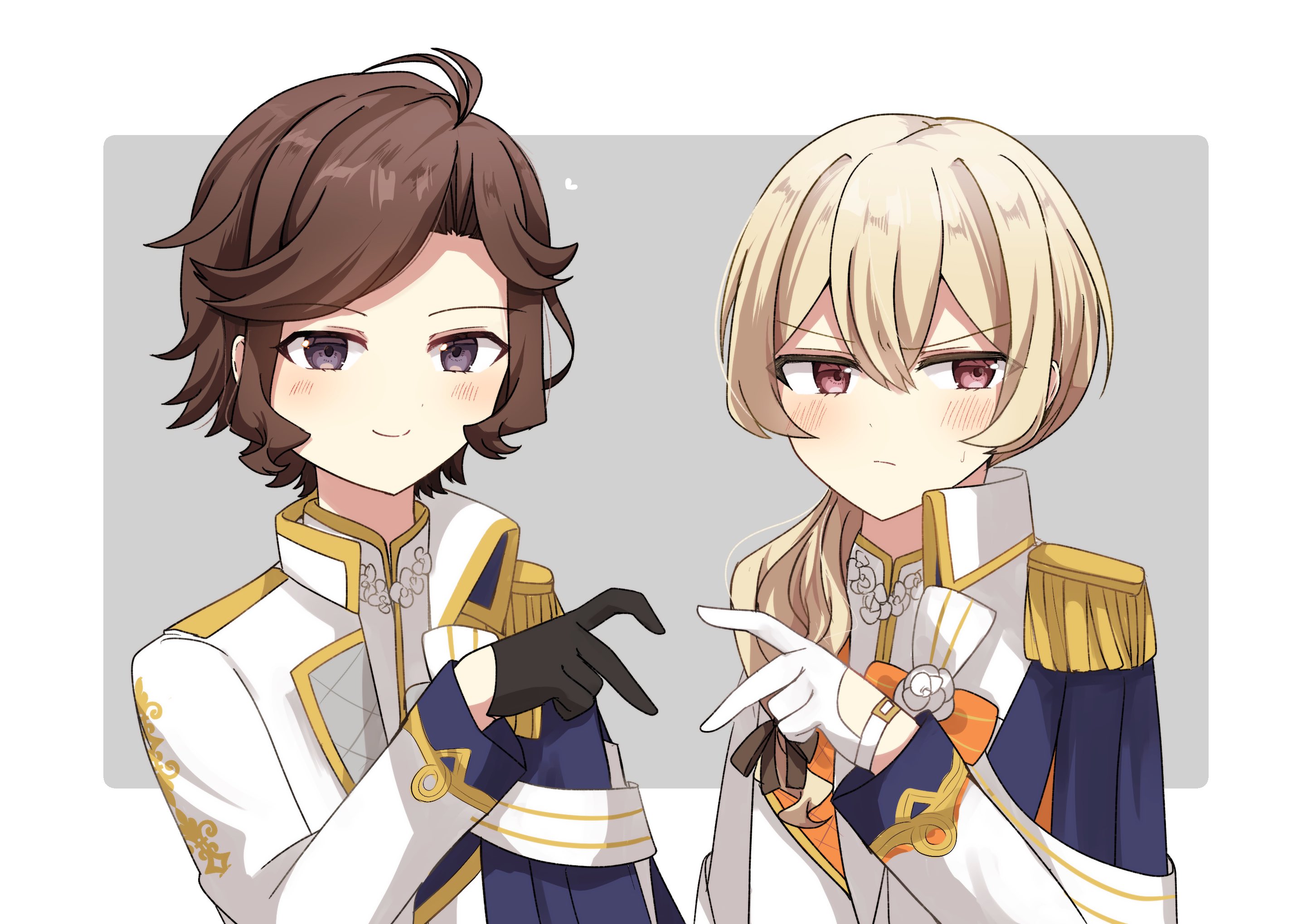 ringopai315, saijou claudine, tendou maya, shoujo kageki revue starlight, commentary, highres, 2girls, arm at side, black gloves, blue cape, blush, border, brown hair, cape, closed mouth, earrings, flower, four-finger heart hands, gloves, grey background, hair between eyes, hair over shoulder, half gloves, hand up, heart, heart hands, heart hands duo, jacket, jewelry, long hair, long sleeves, looking at viewer, low ponytail, multiple girls, official alternate costume, official alternate hair length, official alternate hairstyle, outside border, parted bangs, pink eyes, ponytail, purple eyes, rose, rounded corners, shirt, short hair, side cape, simple background, single earring, smile, sweatdrop, upper body, v-shaped eyebrows, white border, white flower, white gloves, white jacket, white rose, white shirt, yuri