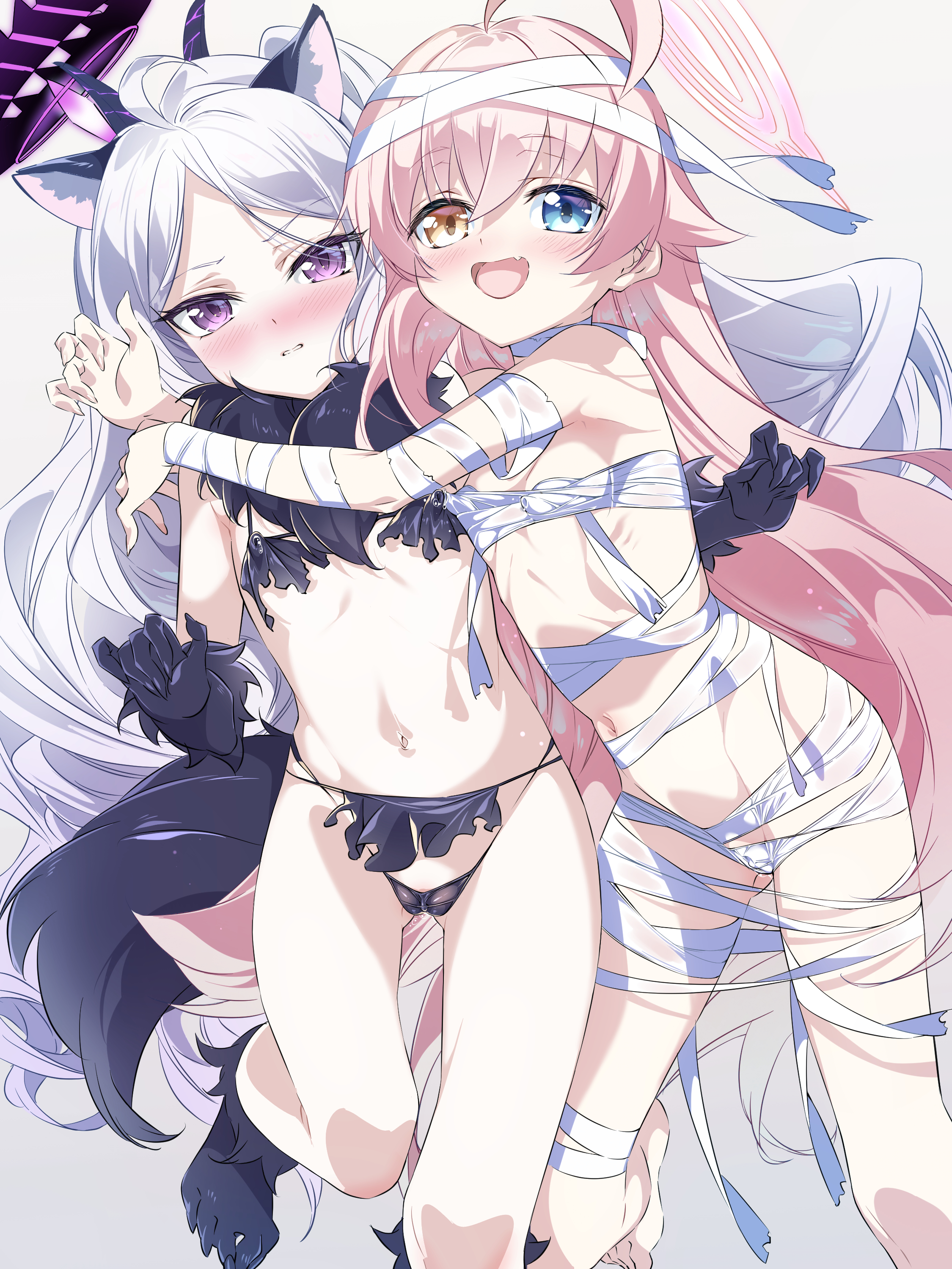 niko (tama), hina (blue archive), hoshino (blue archive), blue archive, absurdres, commentary request, highres, paid reward available, 2girls, alternate costume, animal ears, bandages, bare shoulders, black gloves, black panties, blue eyes, blush, breasts, covered erect nipples, fake animal ears, fang, foot out of frame, gloves, halloween costume, halo, heterochromia, hug, hug from side, long hair, looking at viewer, multiple girls, mummy costume, naked bandage, navel, open mouth, panties, paw shoes, pink hair, purple eyes, side-by-side, small breasts, smile, underwear, very long hair, werewolf costume, white background, yellow eyes