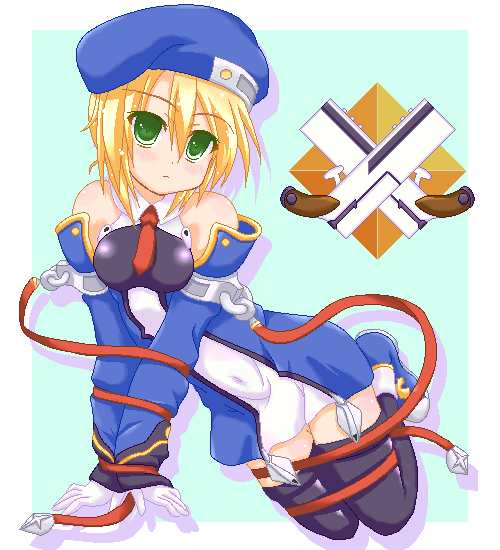 marimo (artist), noel vermillion, arc system works, blazblue, 1girl, beret, blonde hair, female focus, green eyes, gun, hat, necktie, oekaki, solo, thighhighs, weapon