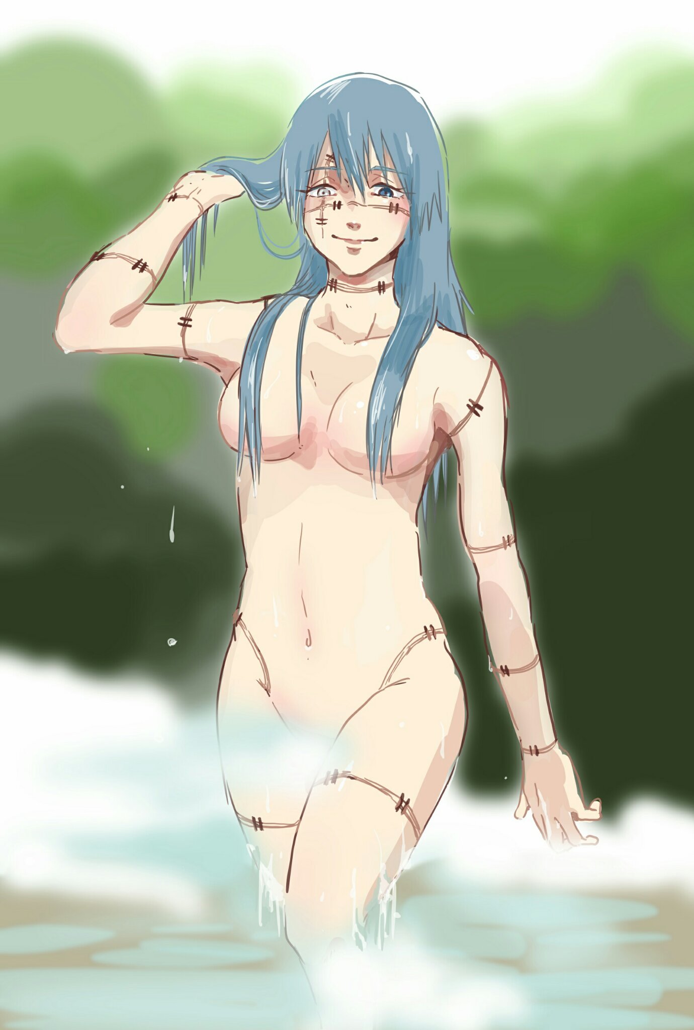 sakananomiyako, mahito (jujutsu kaisen), jujutsu kaisen, highres, 1girl, blue eyes, blue hair, breasts, completely nude, convenient censoring, genderswap, genderswap (mtf), heterochromia, long hair, medium breasts, navel, nude, smile, solo, stitched arm, stitched face, stitched groin, stitched leg, stitches