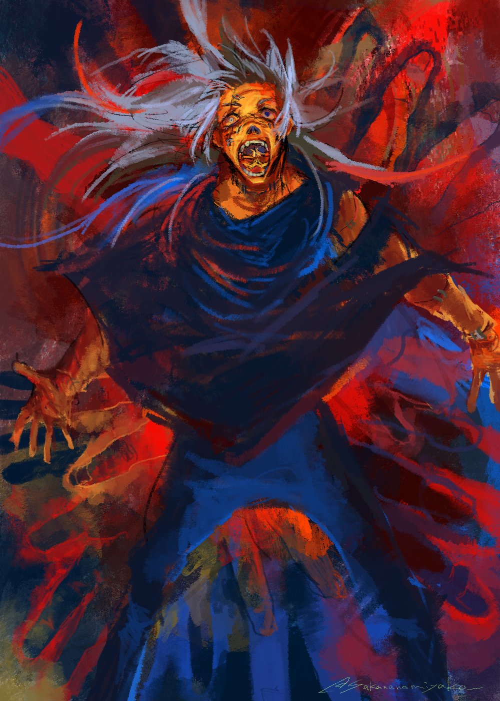 sakananomiyako, jujutsu kaisen, highres, blue hair, domain expansion, floating hair, hand in mouth, heterochromia, long hair, mudra, open mouth, pants, signature, stitched arm, stitched face, stitches, teeth