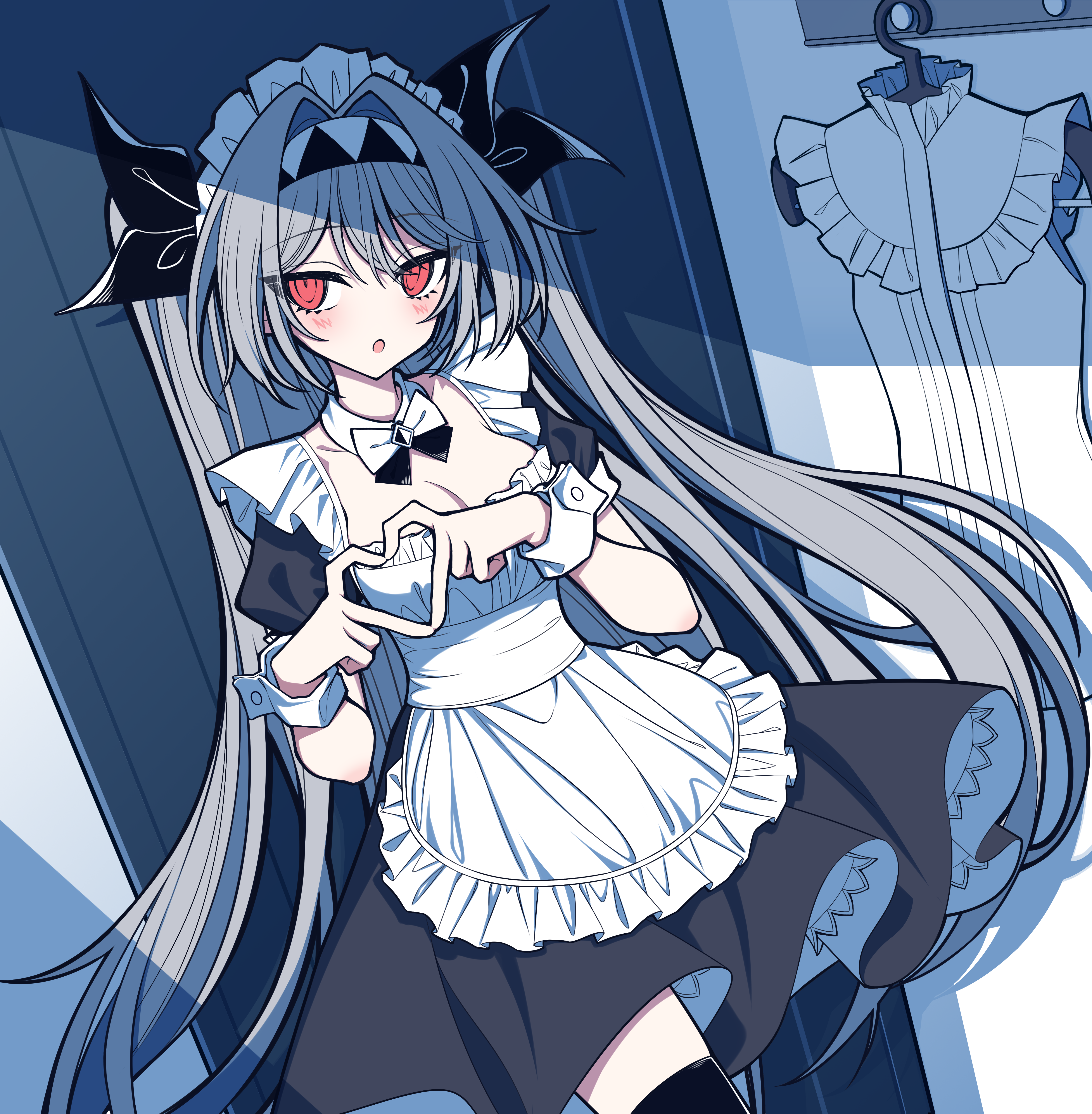 lilith (the noexistencen of you and me), the noexistencen of you and me, absurdres, highres, 1girl, apron, black dress, black thighhighs, blush, bow, bowtie, breasts, cleavage, dress, four-finger heart hands, frilled apron, frills, hands up, heart, heart hands, long hair, looking at viewer, maid apron, maid headdress, parted lips, puffy short sleeves, puffy sleeves, red eyes, short sleeves, solo, thighhighs, twintails, user ayje7258, very long hair, white hair, wrist cuffs