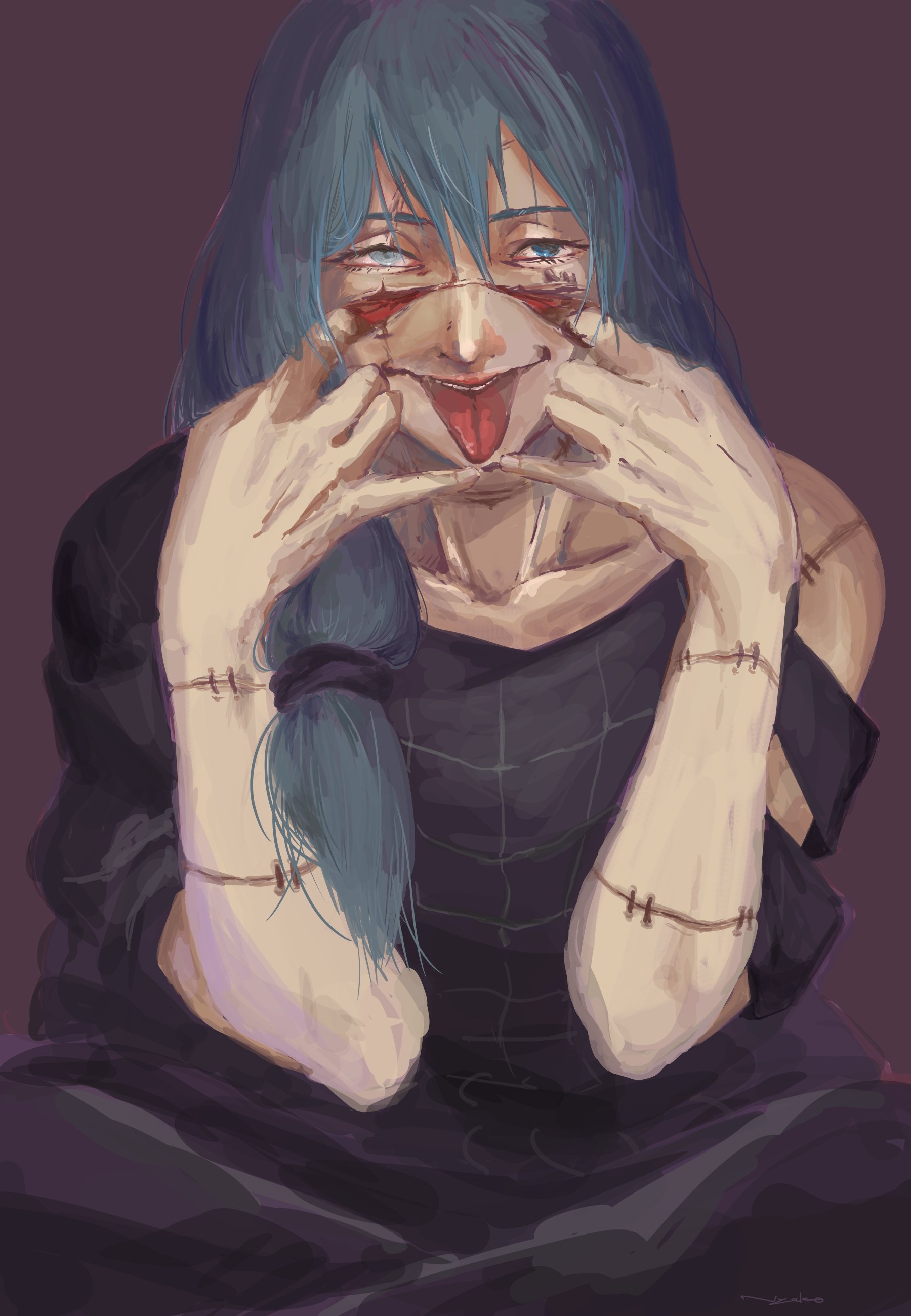 sakananomiyako, mahito (jujutsu kaisen), jujutsu kaisen, absurdres, highres, blue eyes, blue hair, clothing cutout, collarbone, grid print, heterochromia, long hair, low-tied long hair, male focus, shoulder cutout, simple background, sitting, skin pull, skinning, smile, solo, stitched arm, stitched face, stitches, tongue, tongue out, upper body