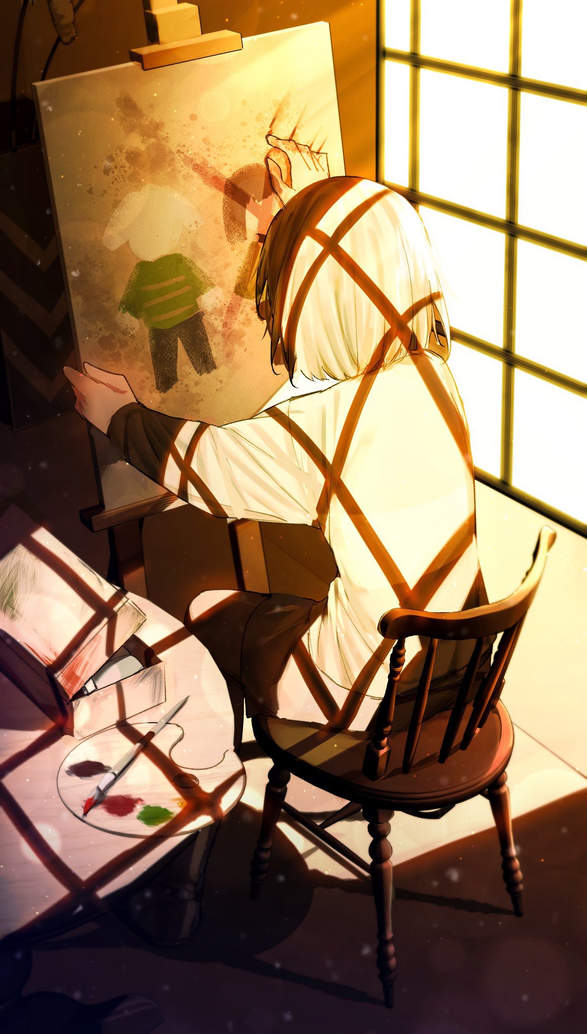 kurobarashan, asriel dreemurr, chara (undertale), undertale, utdr (toby fox), commentary request, highres, 1other, bob cut, box, brown hair, canvas (object), chair, dappled sunlight, from behind, full body, grey pantyhose, grey shorts, grey sweater, hand up, indoors, light particles, long sleeves, on chair, other focus, paint palette, paintbrush, painting (object), pantyhose, puffy long sleeves, puffy sleeves, short hair, shorts, sitting, sky, solo, striped clothes, striped sweater, sunlight, sweater, table, two-tone sweater, white sky, white sweater, window, wooden chair, wooden table