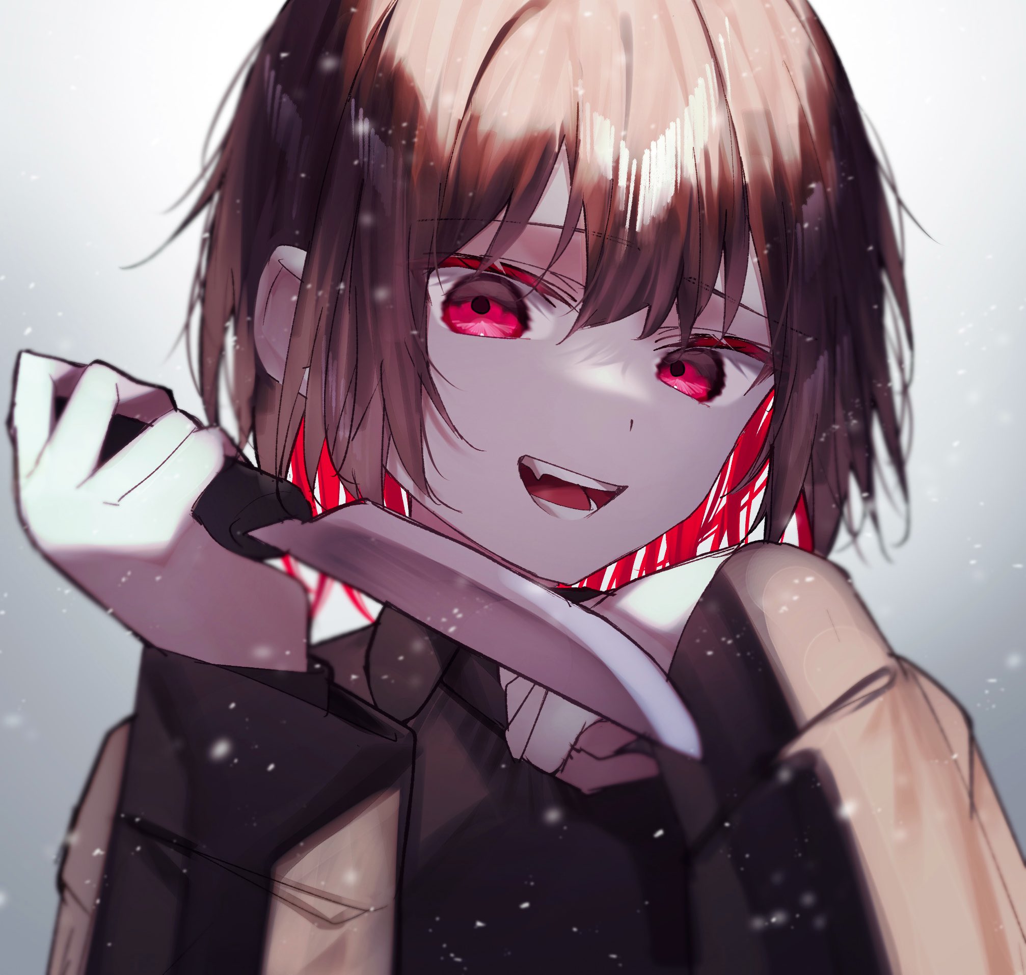 kurobarashan, chara (undertale), undertale, utdr (toby fox), commentary request, highres, 1other, :d, black shirt, blurry, brown hair, brown sweater, collared shirt, colored eyelashes, colored inner hair, depth of field, double-parted bangs, fang, grey background, hair between eyes, hand on own chest, hands up, holding, holding knife, kitchen knife, knife, layered sleeves, light particles, long sleeves, looking at viewer, multicolored hair, open mouth, other focus, pink eyes, puffy long sleeves, puffy sleeves, red hair, reverse grip, shirt, simple background, smile, solo, sweater, teeth, tongue, tsurime, two-tone hair, upper body