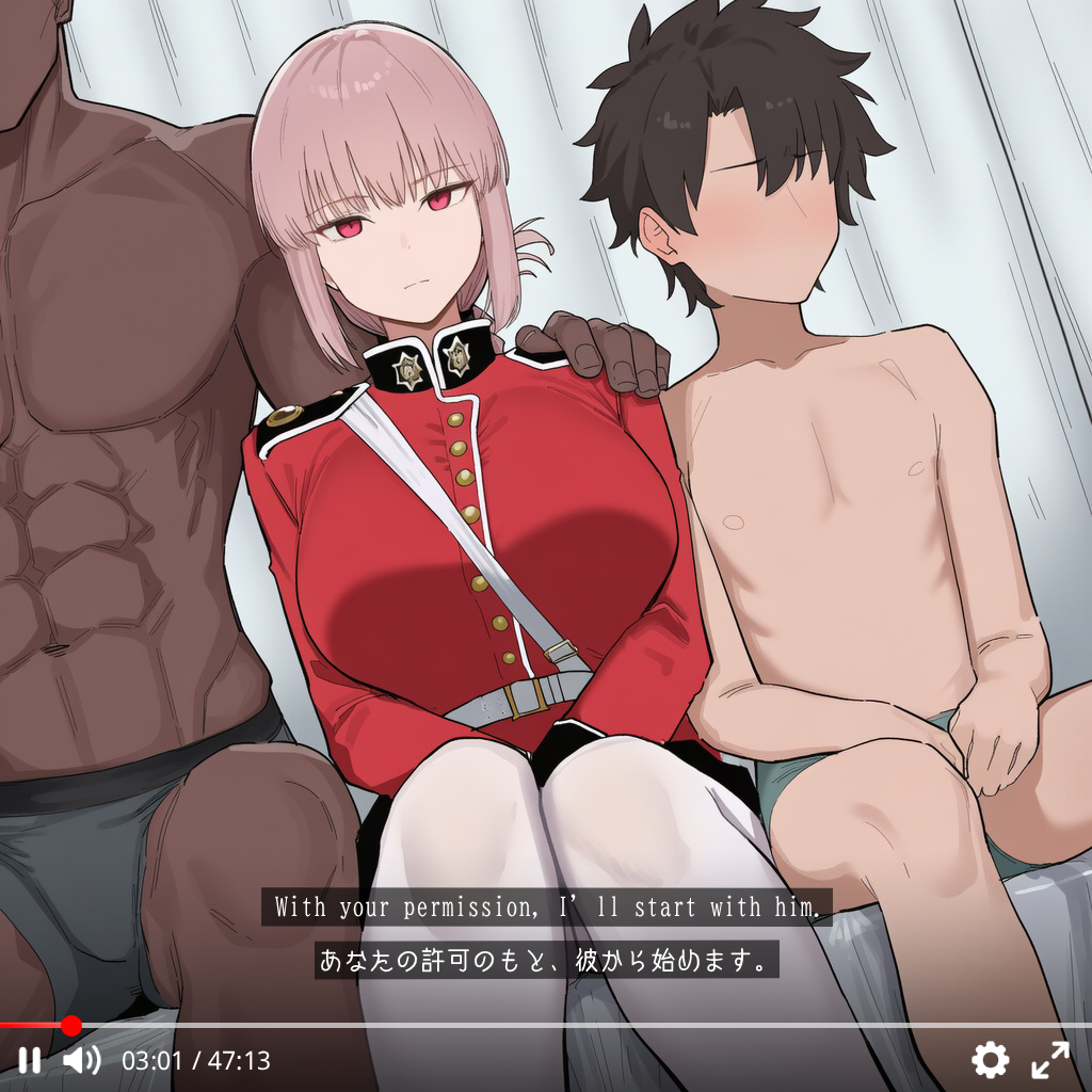 sha (pixiv6636354), florence nightingale (fate), fate/grand order, fate (series), youtube, 1girl, 2boys, arm on another's shoulder, blush, breasts, brown hair, dark-skinned male, dark skin, english text, japanese text, large breasts, media player interface, multiple boys, muscular, muscular male, netorare, pink hair, red eyes, red shirt, shirt, size difference, thighhighs, underwear, user interface