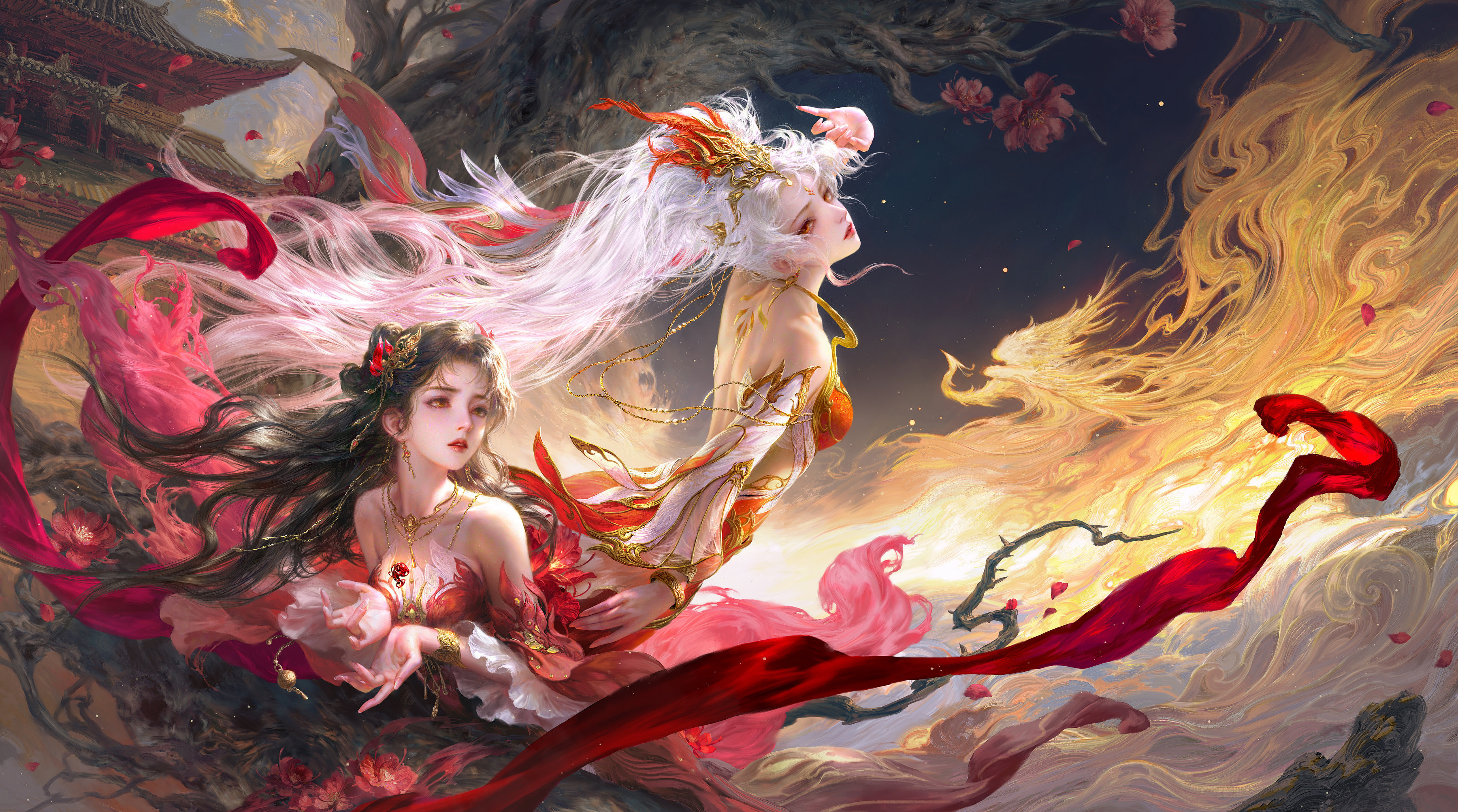 guangjian huang, huo linger (wanmei shijie), wanmei shijie, absurdres, highres, 2girls, bare shoulders, black hair, breasts, dress, earrings, flower, jewelry, long hair, multiple girls, necklace, red dress, red eyes, red flower, red lips, white hair