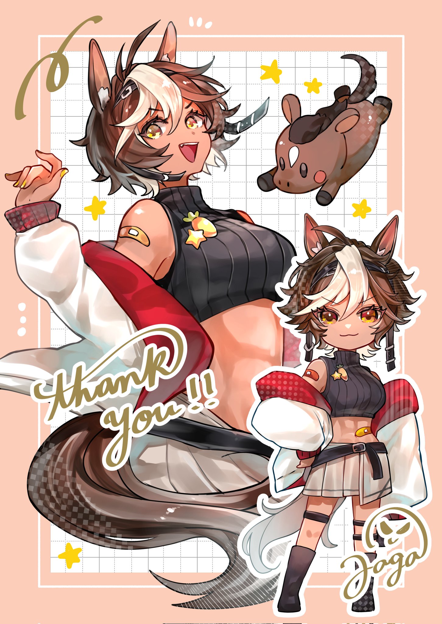 jagabokkuru, tomoe umari, indie virtual youtuber, highres, second-party source, 1girl, ahoge, animal ear fluff, animal ears, bandaid, bandaid on arm, bandaid on stomach, boots, breasts, brown hair, closed mouth, cropped shirt, grey skirt, horse, horse ears, horse girl, horse tail, jacket, long sleeves, medium breasts, multicolored hair, open clothes, open jacket, open mouth, pleated skirt, ribbed shirt, shirt, short hair, skirt, smile, streaked hair, tail, thank you, thigh strap, umarmy (tomoe umari), virtual youtuber, white hair, white jacket, yellow eyes, yellow nails