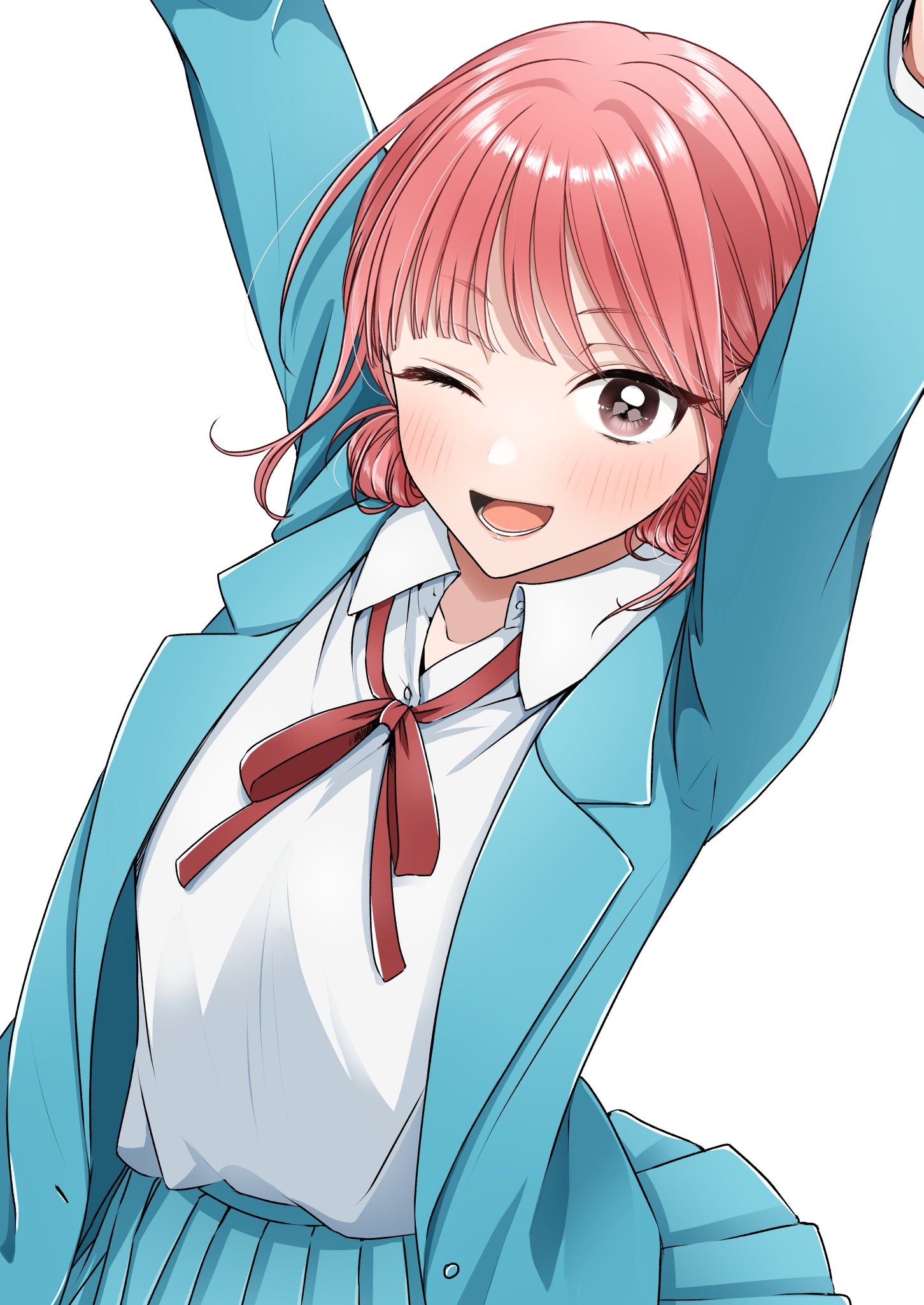 roroichi, chouno hina, ao no hako, commentary request, highres, 1girl, ;d, aqua jacket, aqua skirt, arms up, blazer, collared shirt, jacket, looking at viewer, lower teeth only, neck ribbon, one eye closed, open clothes, open jacket, open mouth, pink eyes, pink hair, pleated skirt, red ribbon, ribbon, shirt, shirt tucked in, simple background, skirt, smile, solo, teeth, white background, white shirt