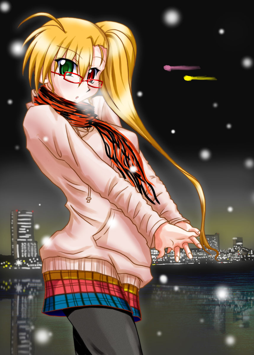 j-wabe, vivio, lyrical nanoha, mahou shoujo lyrical nanoha, mahou shoujo lyrical nanoha strikers, plaid, highres, translation request, 00s, 1girl, aged up, ahoge, bespectacled, blonde hair, cityscape, cowboy shot, female focus, glasses, green eyes, heterochromia, hood, hoodie, long hair, night, night sky, open mouth, outdoors, own hands clasped, own hands together, pantyhose, ponytail, red eyes, scarf, side ponytail, skirt, sky, snow, solo, stretching, water