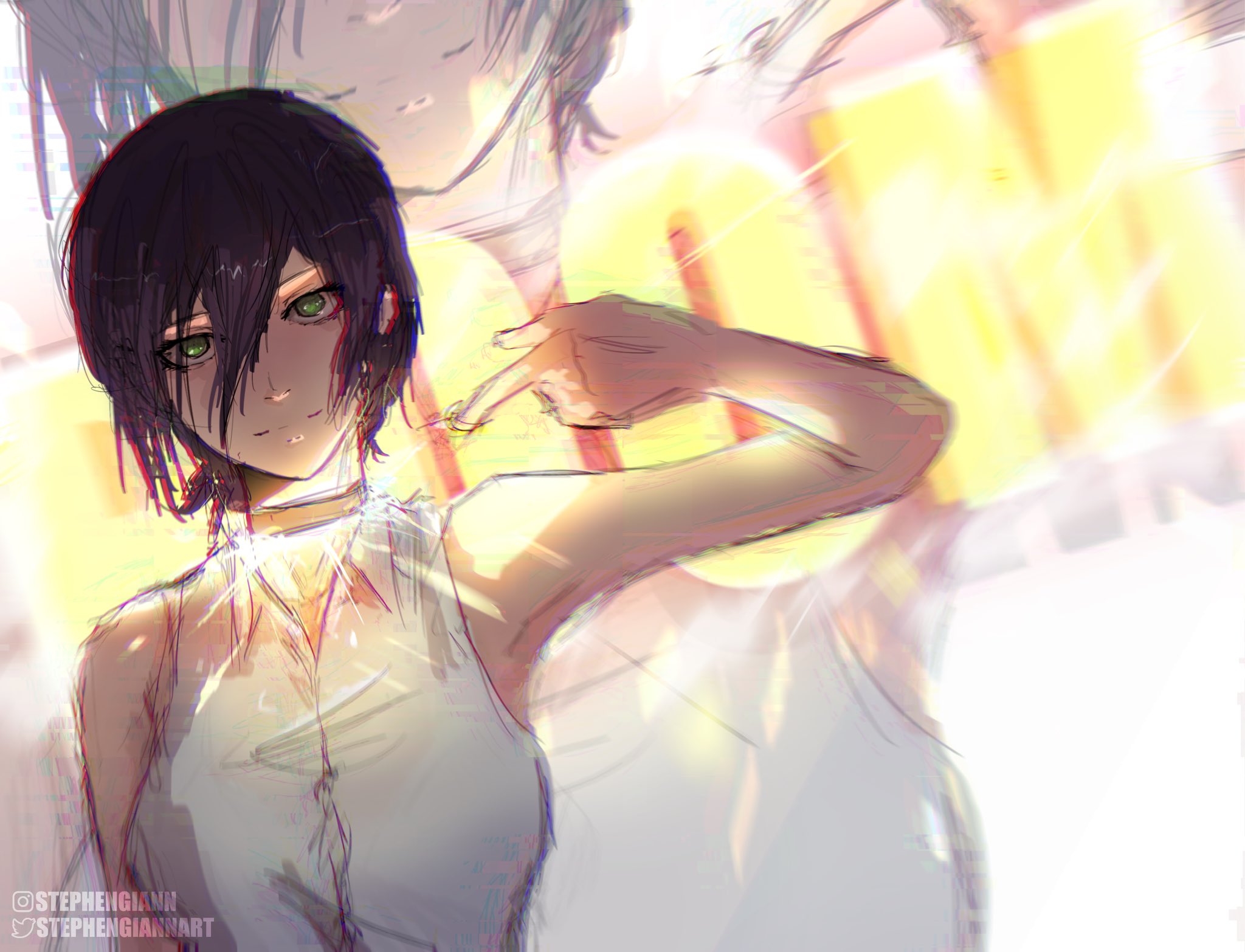 stephengiannart, reze (chainsaw man), chainsaw man, commentary, highres, 1girl, choker, collared shirt, green eyes, hair between eyes, hair bun, instagram logo, instagram username, multiple views, purple eyes, shirt, sidelocks, sleeveless, sleeveless shirt, twitter logo, twitter username, upper body, white shirt