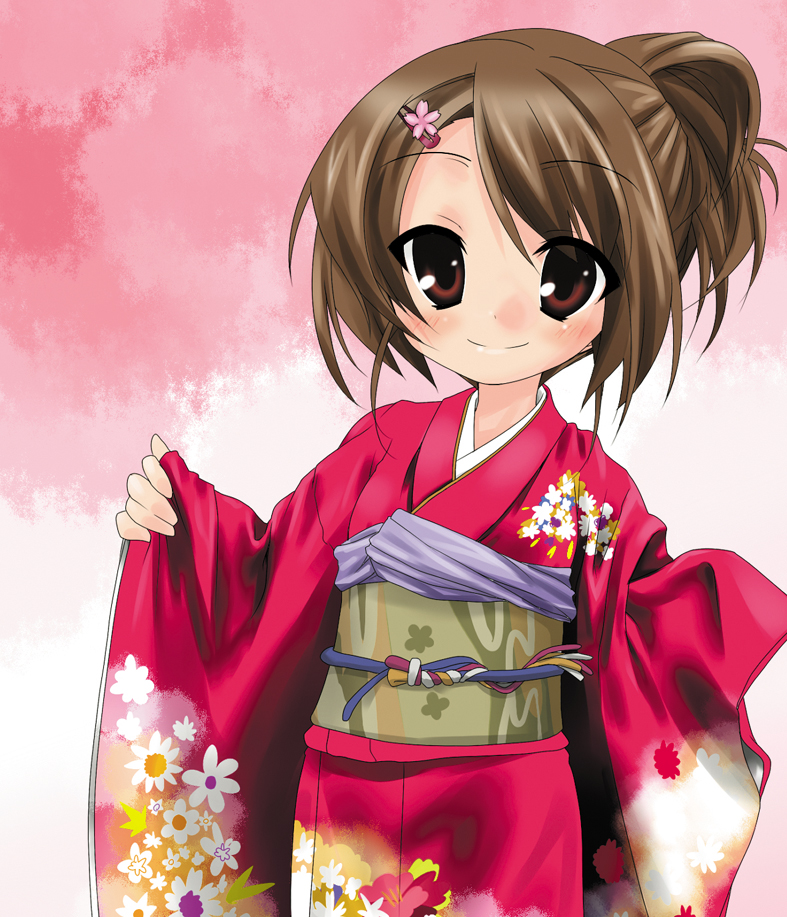 takeya yuuki, takeyasan, brown eyes, brown hair, child, hair ornament, hairclip, japanese clothes, kimono, smile, solo