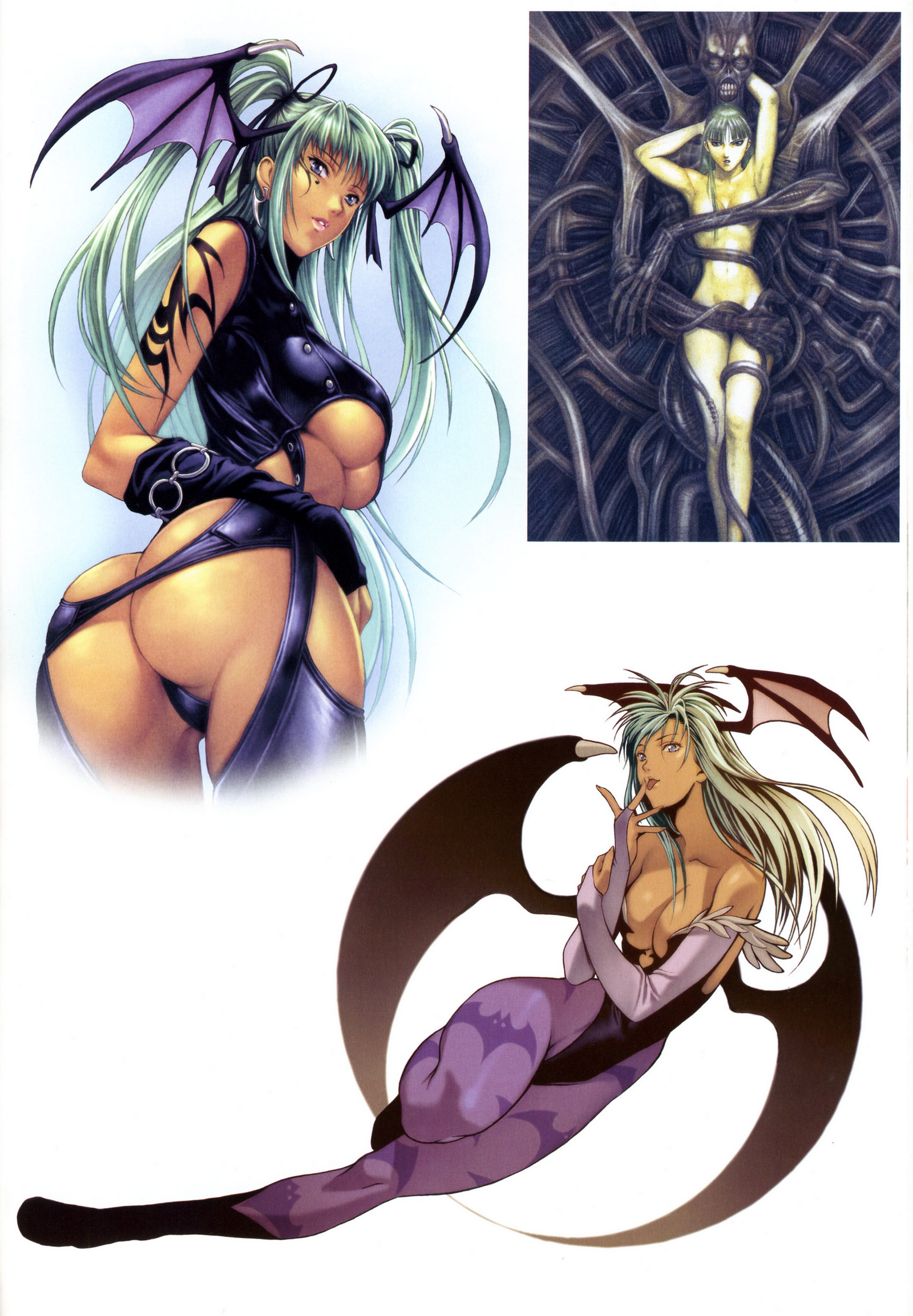 homare (fool's art), morrigan aensland, capcom, darkstalkers, print legwear, artbook, highres, scan, 1girl, animal print, arm tattoo, ass, bat print, breasts, head wings, large breasts, legs, lips, mole, mole under eye, monster, pantyhose, sideboob, tattoo, underboob, wings