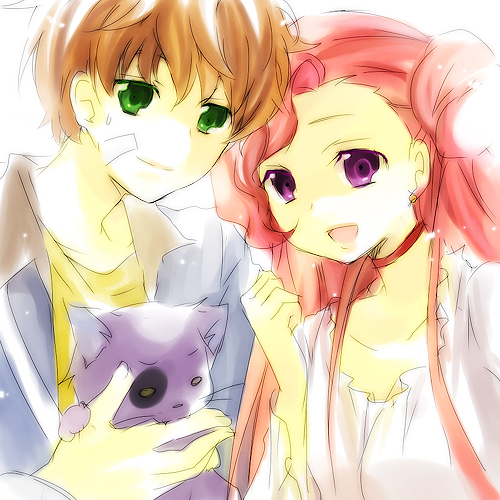 kl (dgzonbi), arthur (code geass), euphemia li britannia, kururugi suzaku, code geass, lowres, 00s, bandaid, biting, cat, donut hair bun, green eyes, hair bun, pink hair, purple eyes