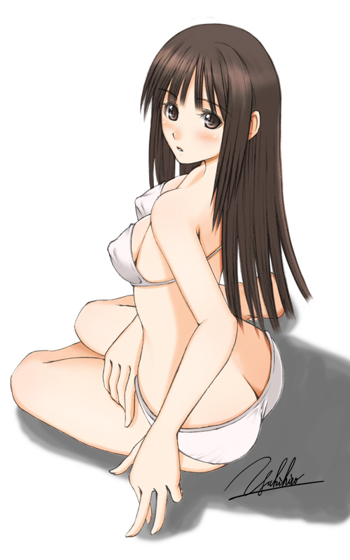 yukihiro, original, ass, bikini, brown eyes, brown hair, long hair, signature, solo, swimsuit, white bikini