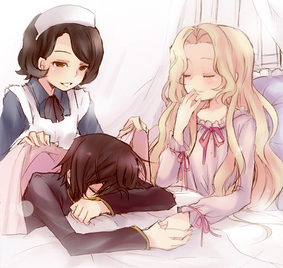 kl (dgzonbi), lelouch vi britannia, nunnally vi britannia, shinozaki sayoko, code geass, 00s, 1boy, 2girls, bed, blanket, blind, blonde hair, brown hair, closed eyes, covering with blanket, hand to own mouth, holding hands, long hair, maid, maid headdress, multiple girls, nightgown, school uniform, short hair, sleeping, smile