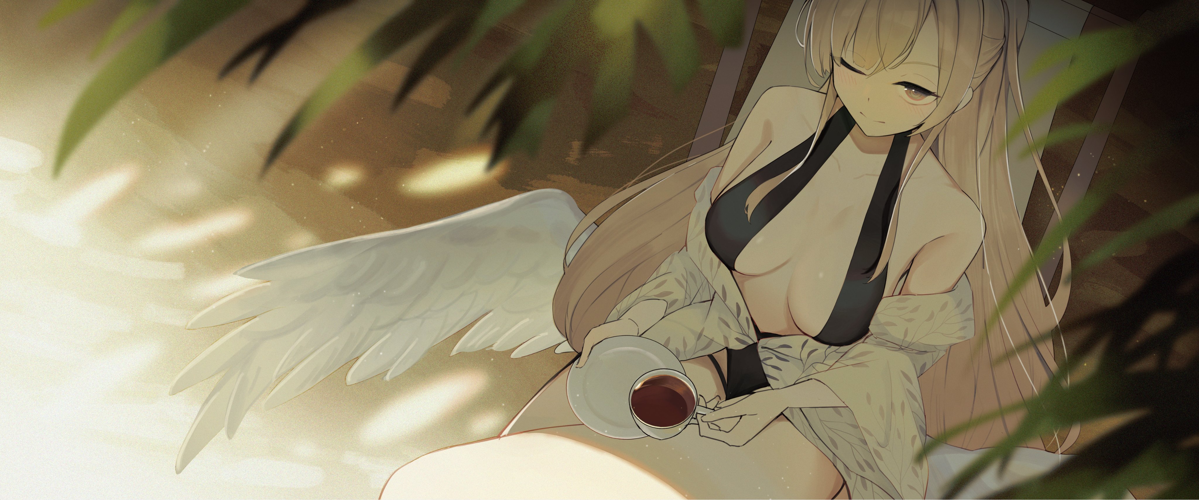 rafrog, nagisa (blue archive), nagisa (swimsuit) (blue archive), blue archive, absurdres, highres, 1girl, bare legs, bare shoulders, beach, beach chair, black one-piece swimsuit, blonde hair, blush, breasts, cleavage, closed mouth, crossed bangs, crossed legs, cup, feathered wings, feet out of frame, hair over one eye, halo, highleg, highleg one-piece swimsuit, holding, holding cup, holding plate, huge breasts, jacket, leaf, long hair, looking at viewer, low wings, official alternate costume, official alternate hairstyle, one-piece swimsuit, one eye closed, pink halo, plate, ponytail, sand, sidelocks, sitting, solo, swimsuit, tea, thick thighs, thighs, white jacket, white wings, wings, yellow eyes
