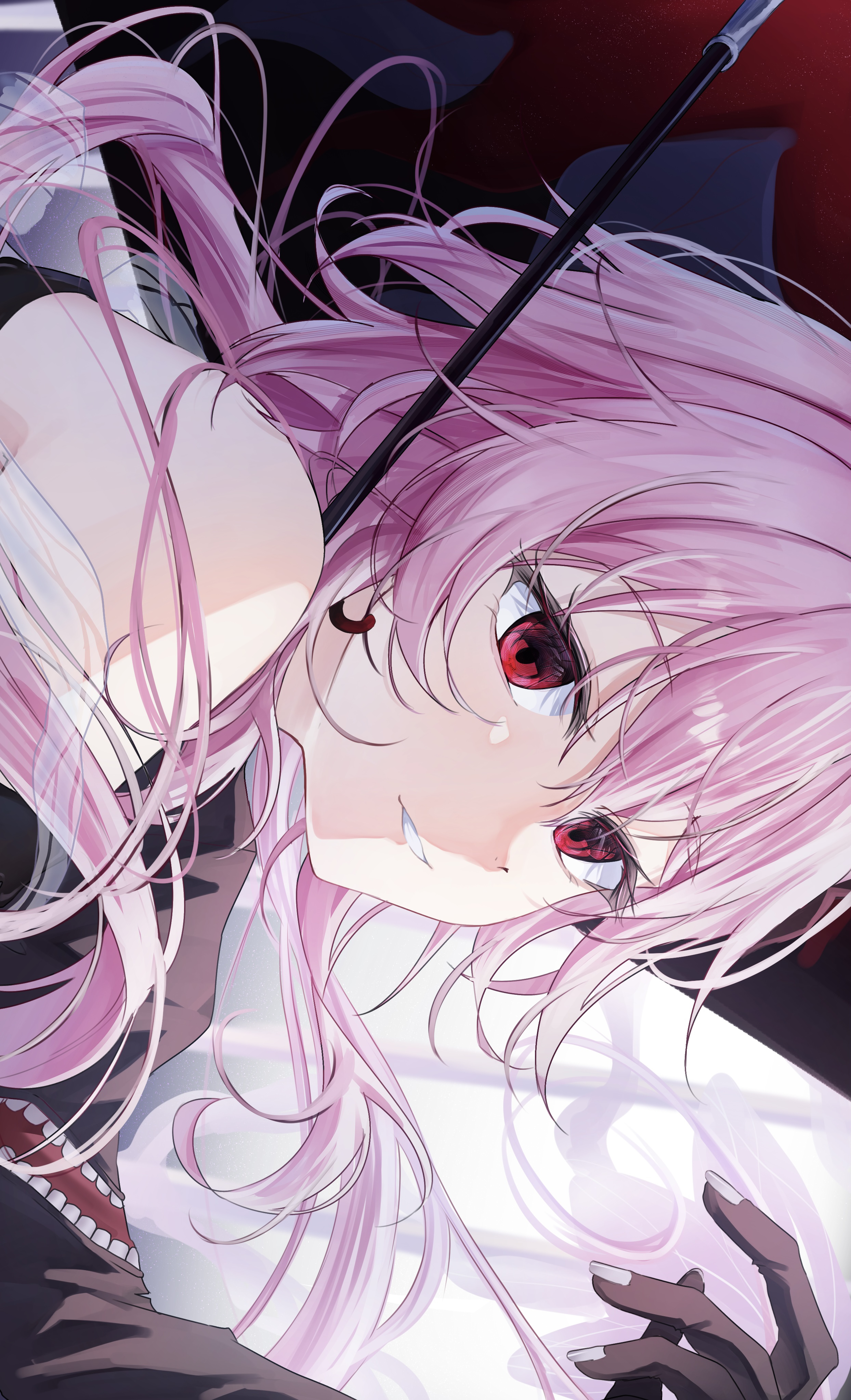 mahiru yura, evernight (honkai: star rail), march 7th (honkai: star rail), honkai: star rail, honkai (series), absurdres, commentary, highres, 1girl, earrings, evey (honkai: star rail), fingernails, gloves, hair between eyes, holding, holding weapon, jewelry, long sleeves, looking at viewer, pink hair, red eyes, single bare shoulder, single earring, smile, weapon