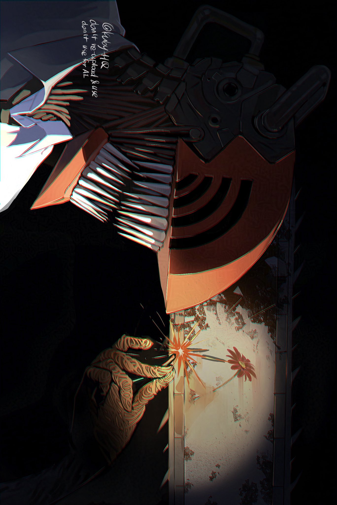kuby hq, bomb devil (chainsaw man), denji (chainsaw man), chainsaw man, highres, 1boy, artist name, black necktie, chainsaw, collared shirt, elbow gloves, gloves, imminent explosion, necktie, sharp teeth, shirt, signature, teeth, twitter username