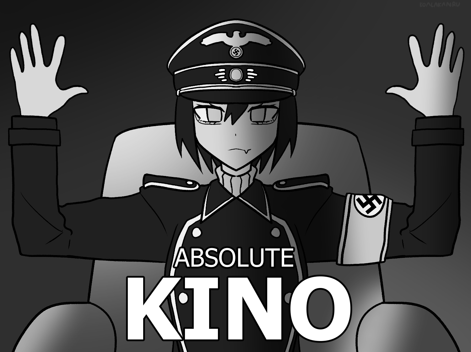 koalakanru, original, 1girl, absolute cinema (meme), armband, artist name, english text, fang, greyscale, hands up, looking at viewer, meme, military uniform, monochrome, nazi, reichsadler, sitting, solo, sven hoffmann, swastika, waffen-ss