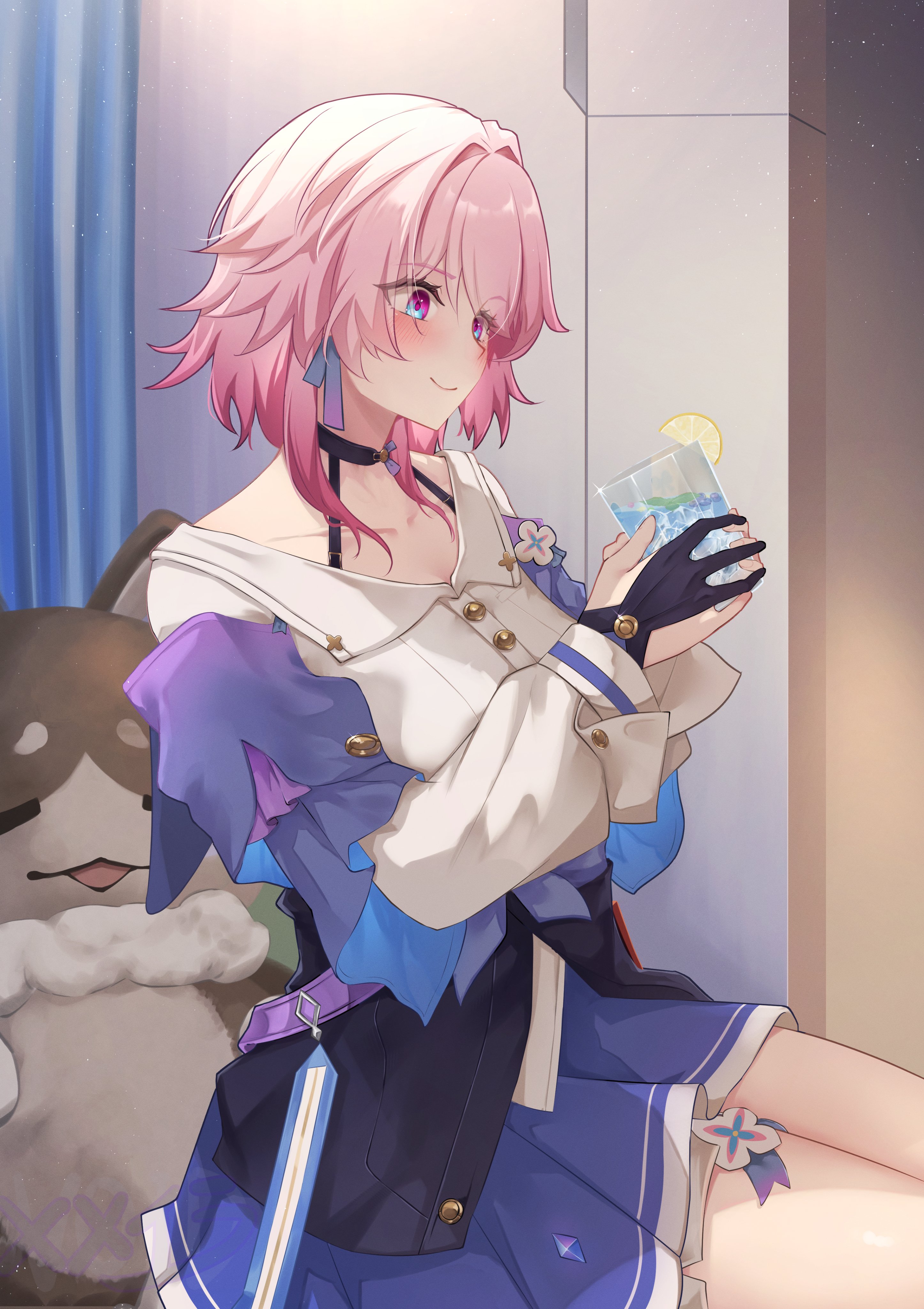 memeiradesuyo, march 7th (honkai: star rail), march 7th (preservation) (honkai: star rail), pom-pom (honkai: star rail), honkai: star rail, honkai (series), absurdres, commentary, highres, 1girl, black overskirt, blue skirt, blush, bra strap, buttons, choker, cup, drinking glass, earrings, flower, food, fruit, gloves, indoors, jacket, jewelry, lemon, lemon slice, long sleeves, medium hair, multicolored eyes, multicolored jacket, off-shoulder jacket, off shoulder, partially fingerless gloves, pink hair, pleated skirt, shirt, single earring, skirt, smile, stuffed toy, thighs, two-tone eyes, two-tone jacket, white shirt