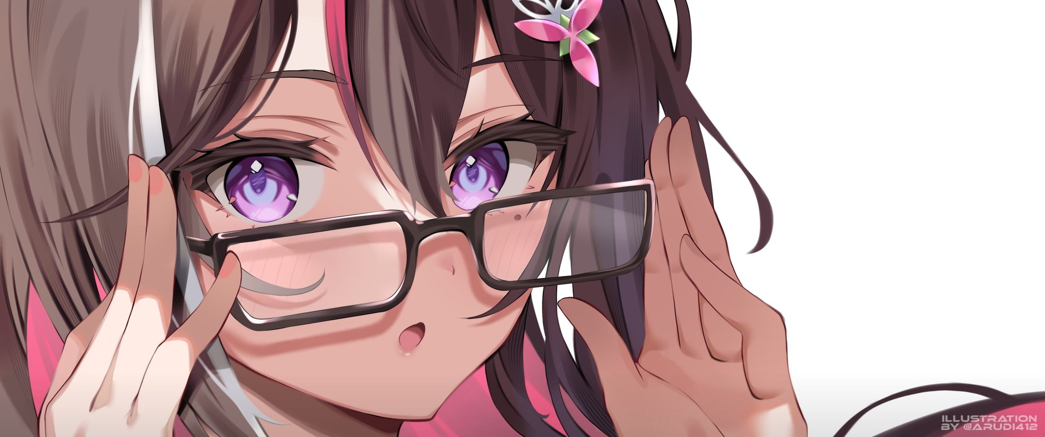 arudi412, azki (4th costume) (hololive), azki (hololive), hololive, highres, 0th generation (hololive), 1girl, colored inner hair, glasses, hair ornament, holding, holding removed eyewear, looking at viewer, mole, mole under eye, multicolored hair, pink hair, purple eyes, unworn eyewear, virtual youtuber