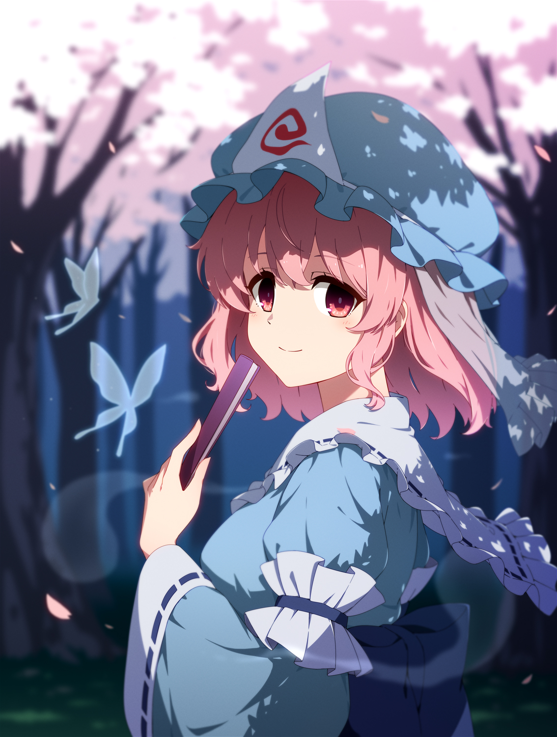 necono (nekonosora1207), saigyouji yuyuko, touhou, highres, 1girl, blue dress, blue eyes, blue hat, bug, butterfly, cherry blossoms, dress, forest, frilled dress, frilled hat, frills, hand fan, hat, holding, holding fan, insect, nature, night, outdoors, petals, pink hair, short hair, smile